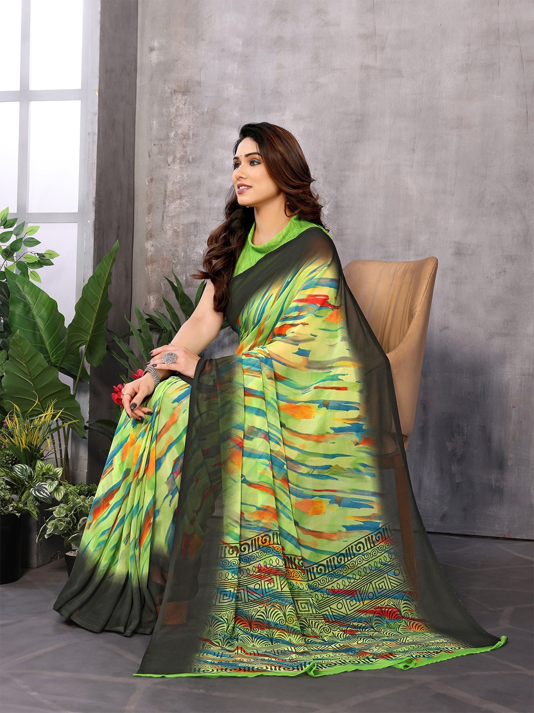 

The Textile Hub Printed Pure Georgette Saree, Green
