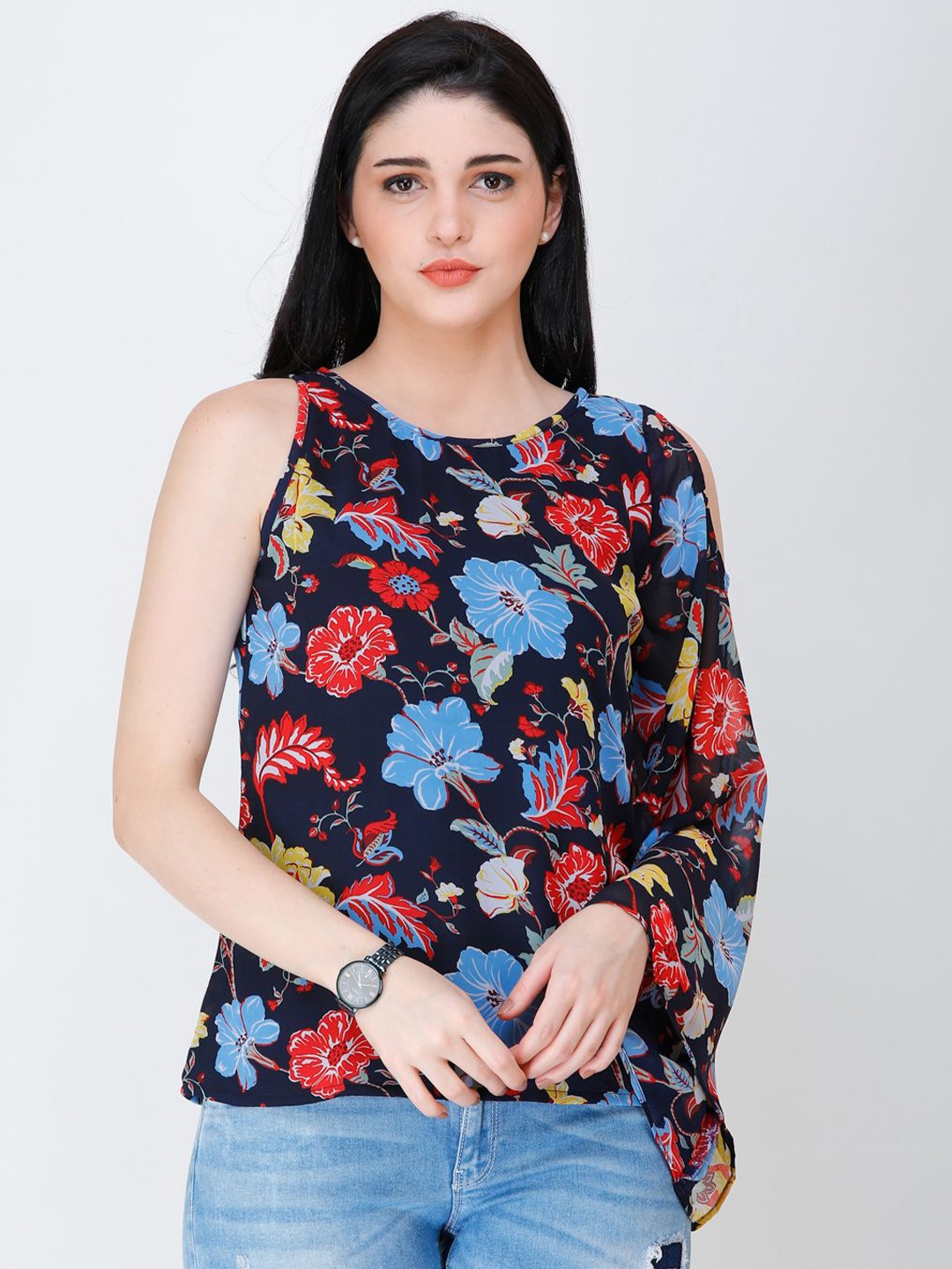 

BAESD Women Floral Printed One Sleeve Georgette Top, Navy blue