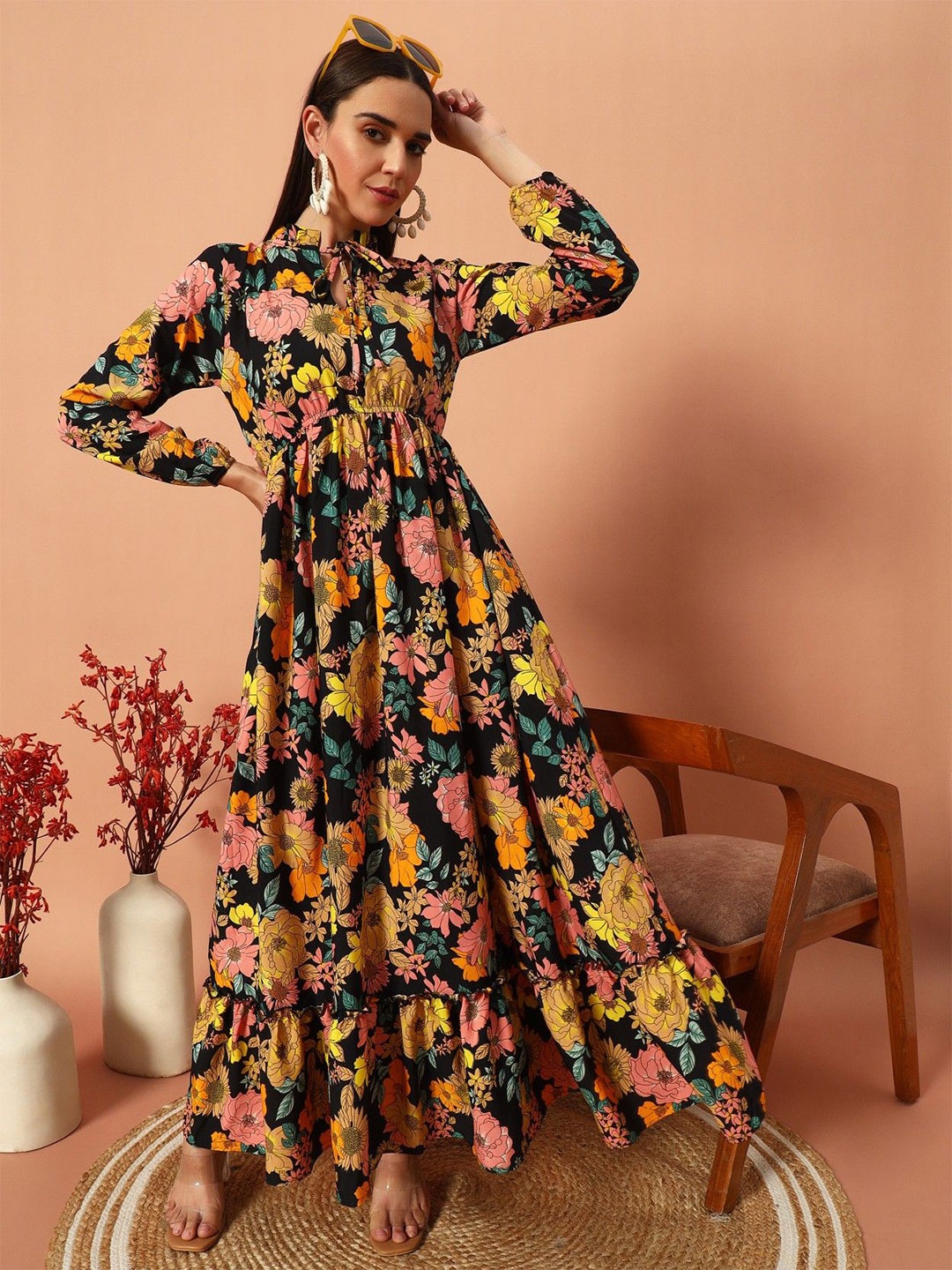 

Femvy Women Floral Print Tie-Up Neck Applique Crepe Fit & Flare Maxi Dress, Yellow