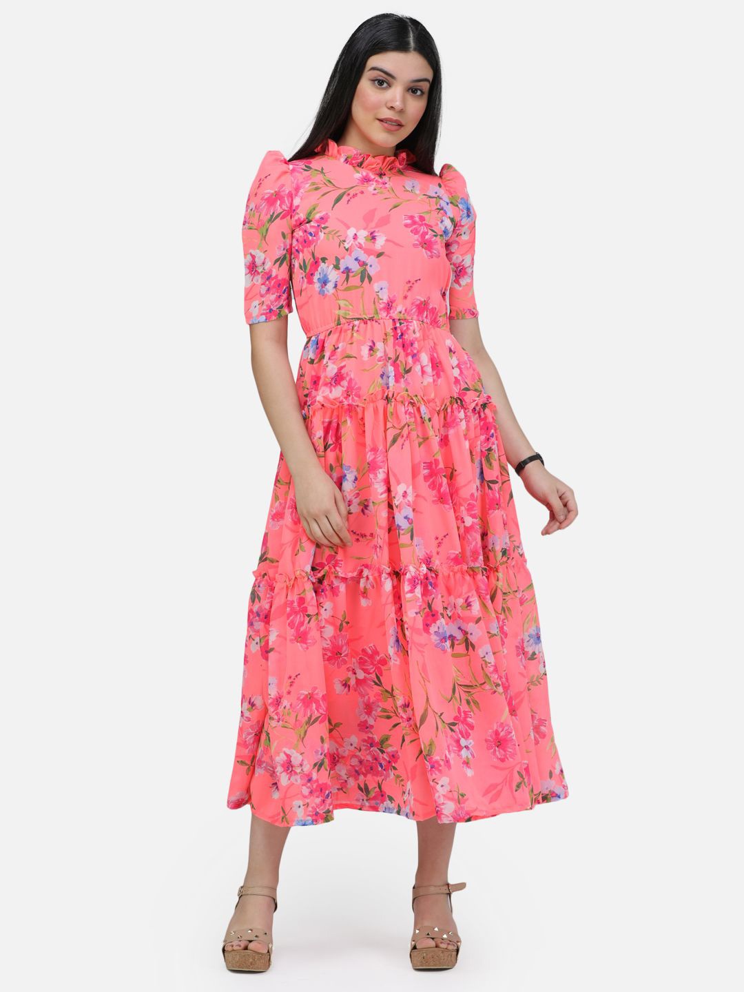 

BAESD Floral Printed Georgette Fit & Flare Midi Dress, Coral