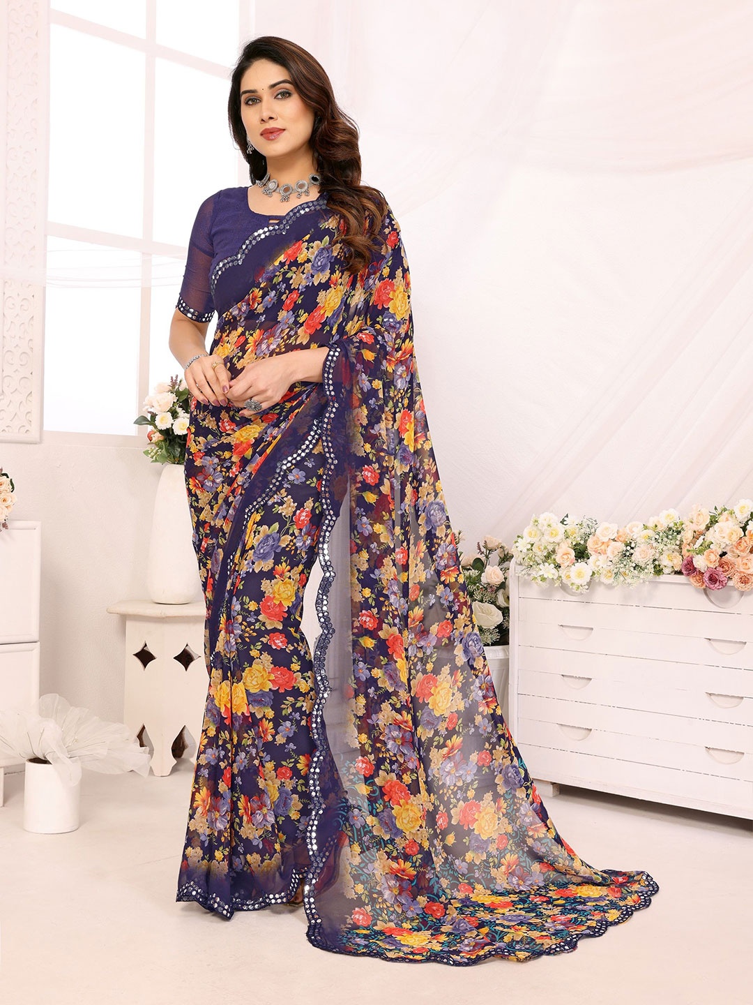 

The Textile Hub Floral Printed Mirror Work Embroidered Pure Georgette Saree, Navy blue