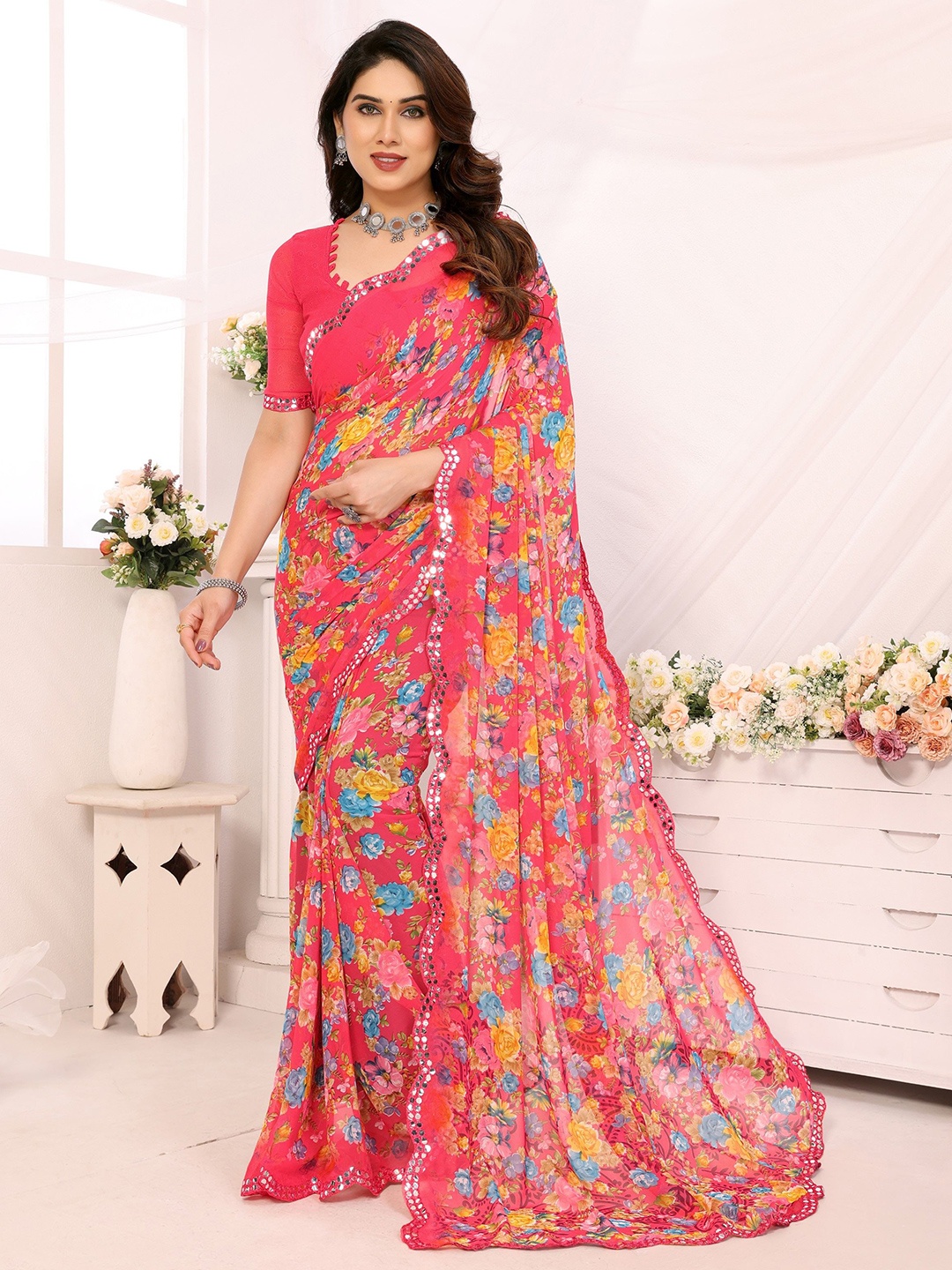 

Ambuja International Floral Printed Mirror Work Pure Georgette Saree, Red