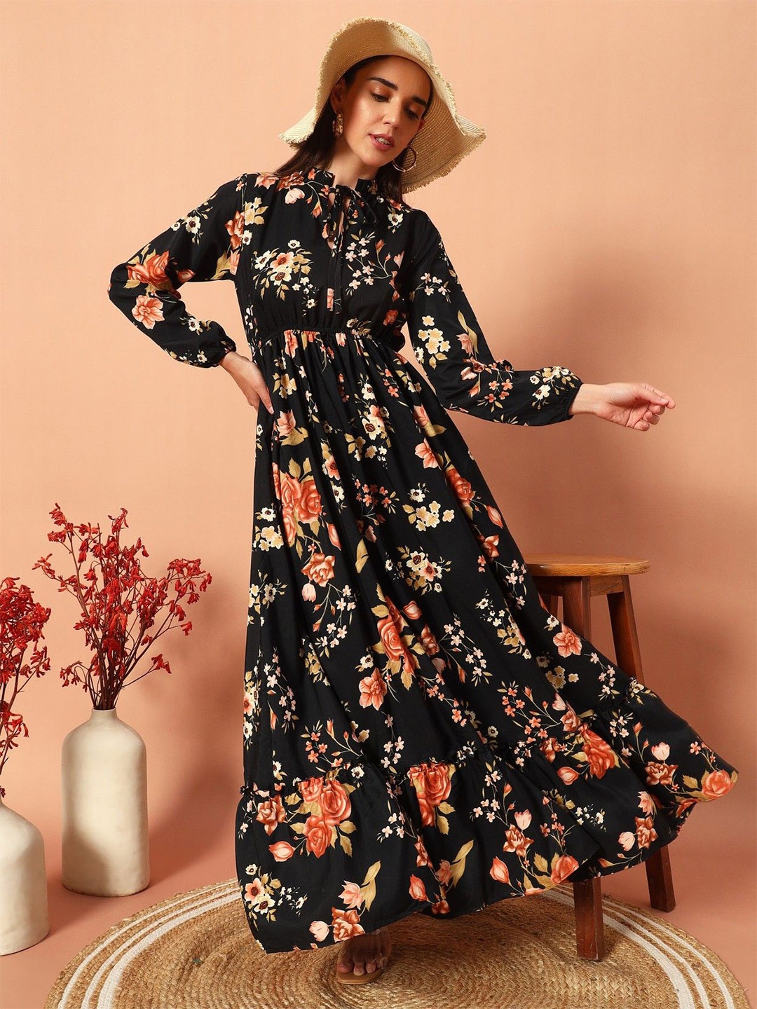 

Raiyani Enterprise Women Printed Tie-Up Neck Fit & Flare Maxi Dress, Gold