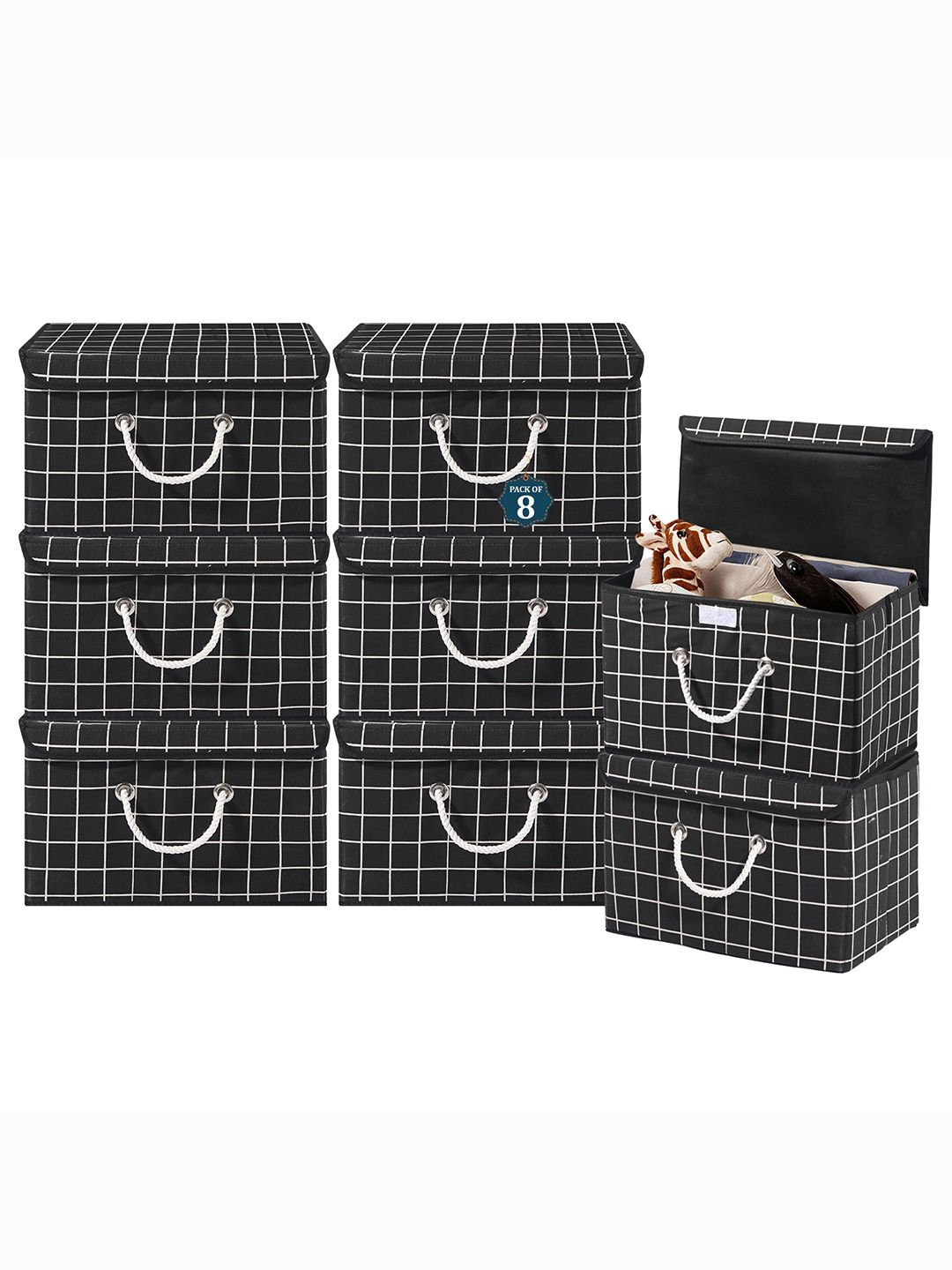 

Kuber Industries Black Set of 8 Reusable Drawer Organiser Check Print Storage Basket