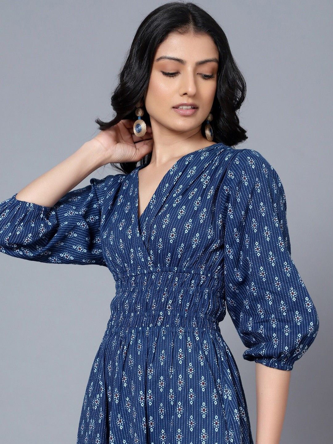 

Femvy Women Floral Printed Fit & Flare Midi Dress, Navy blue