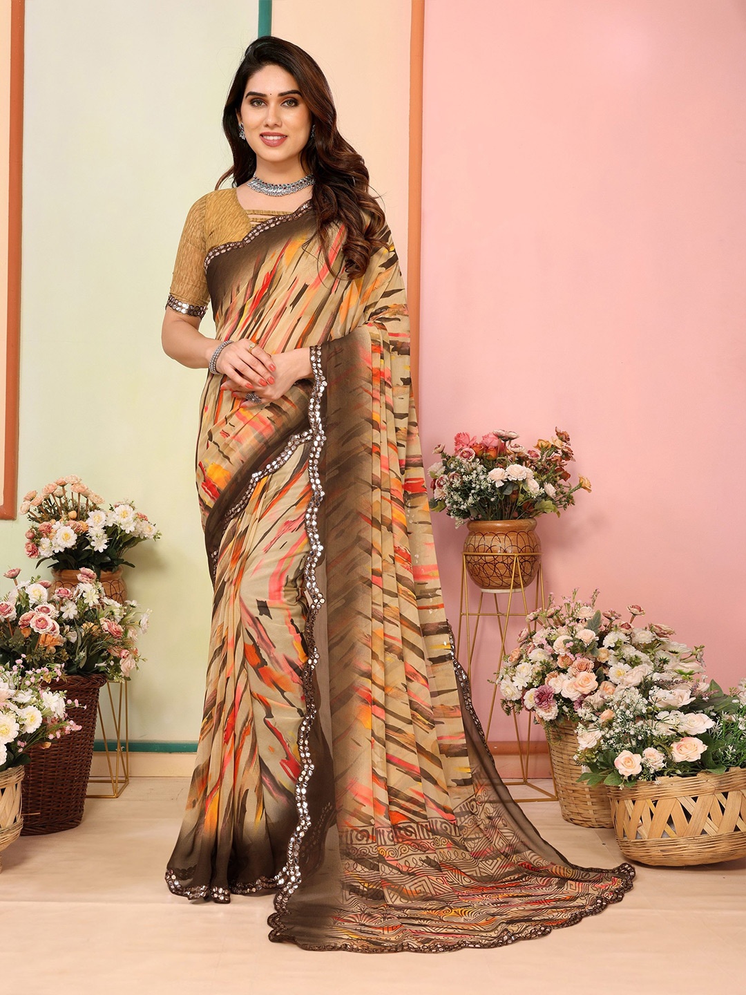 

The Textile Hub Striped Mirror Work Saree, Cream