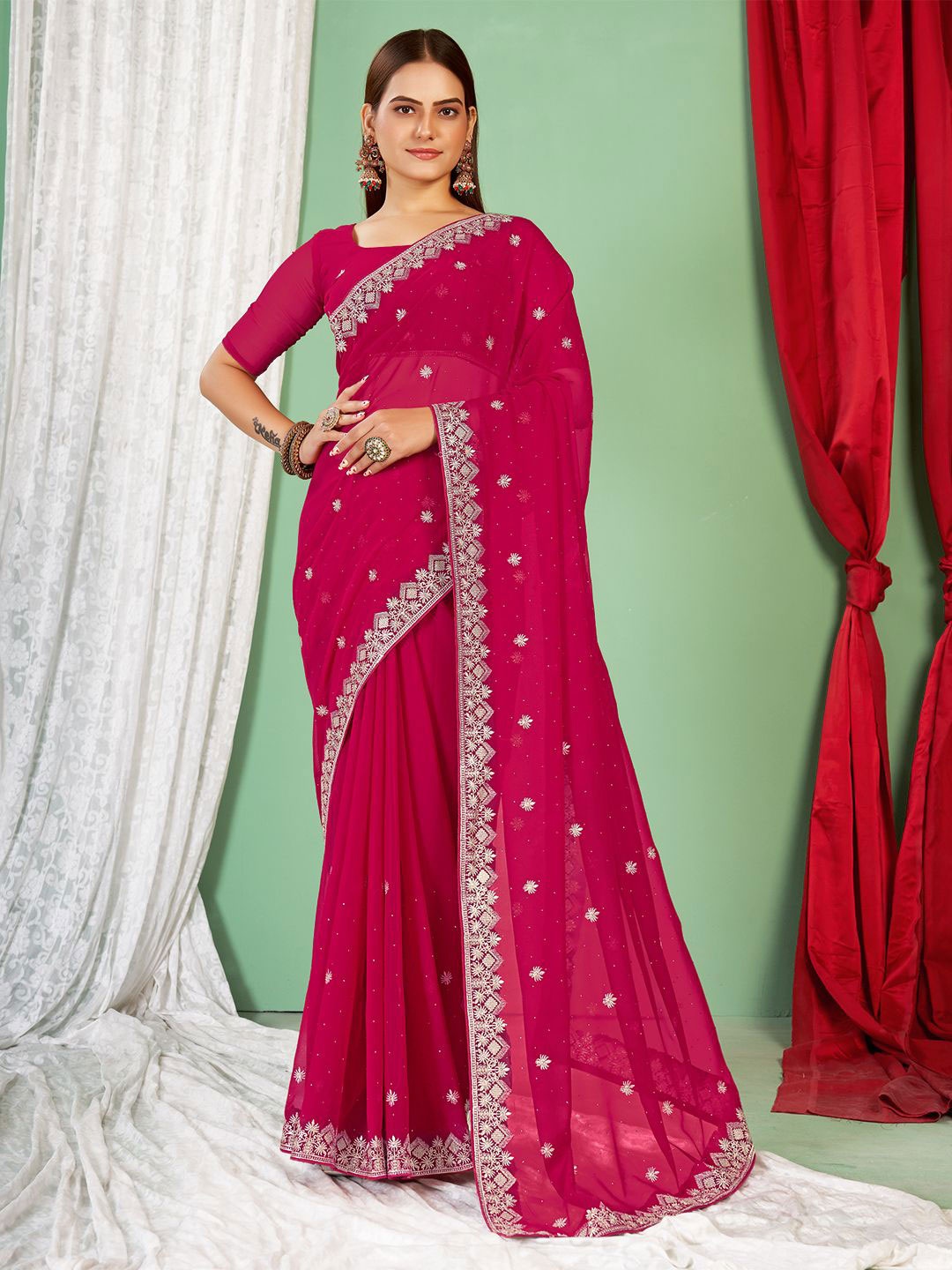 

Mitera Floral Embroidered Beads and Stones Saree, Pink