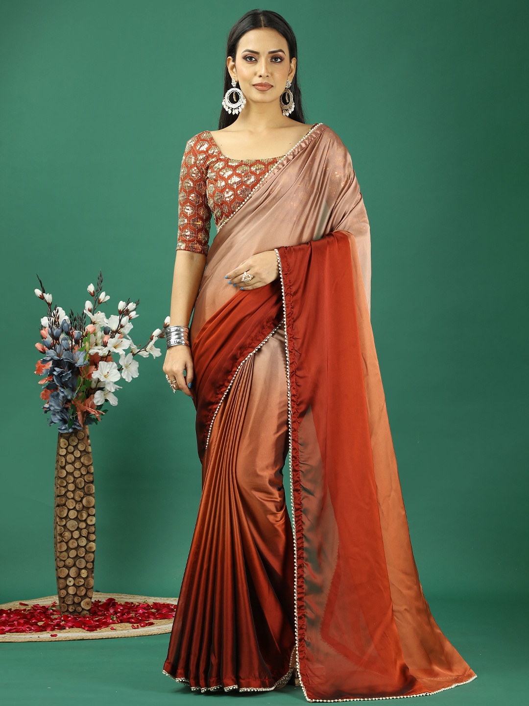 

KAYOMMI Ombre Satin Designer Saree, Red