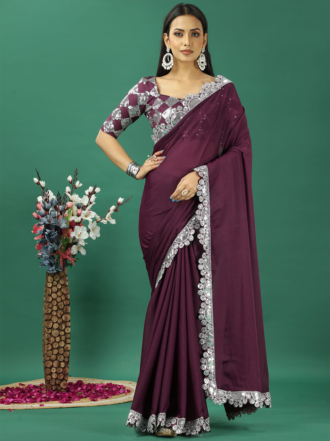 

KAYOMMI Embroidered Satin Banarasi Saree, Purple