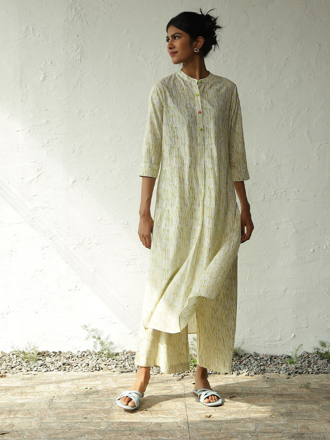 

Canoopi Macaroon Printed Band Collar Pure Cotton Tunic With Palazzo, Yellow