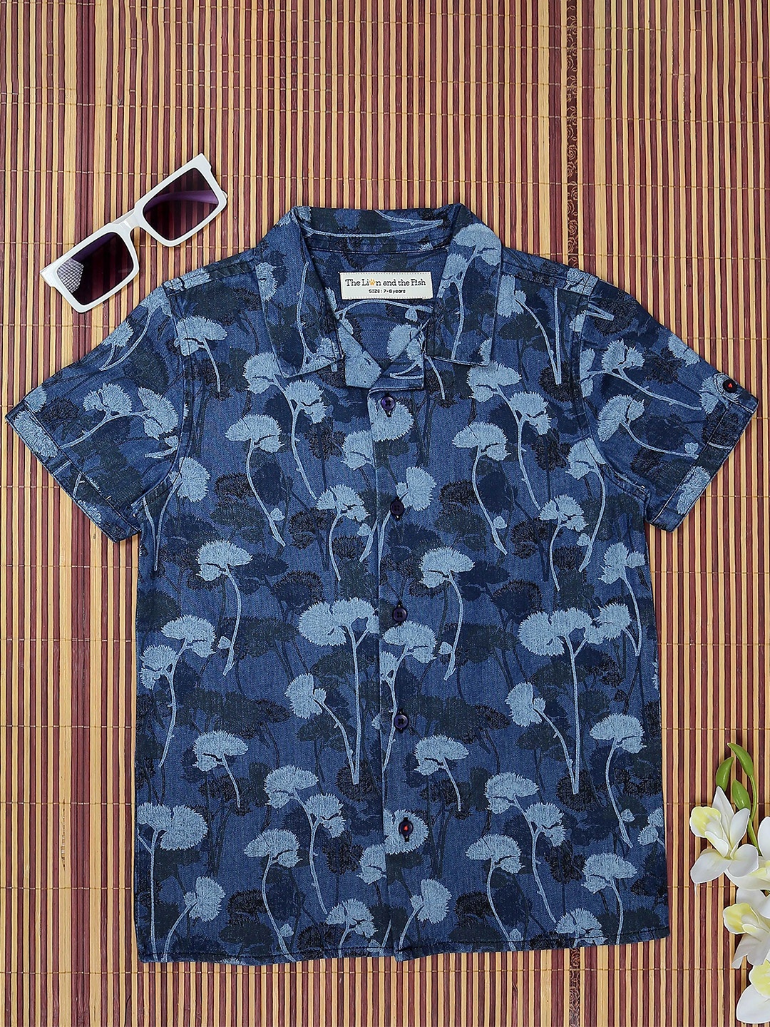 

The Lion and The Fish Boys Relaxed Fit Cuban Collar Floral Printed Denim Casual Shirt, Navy blue