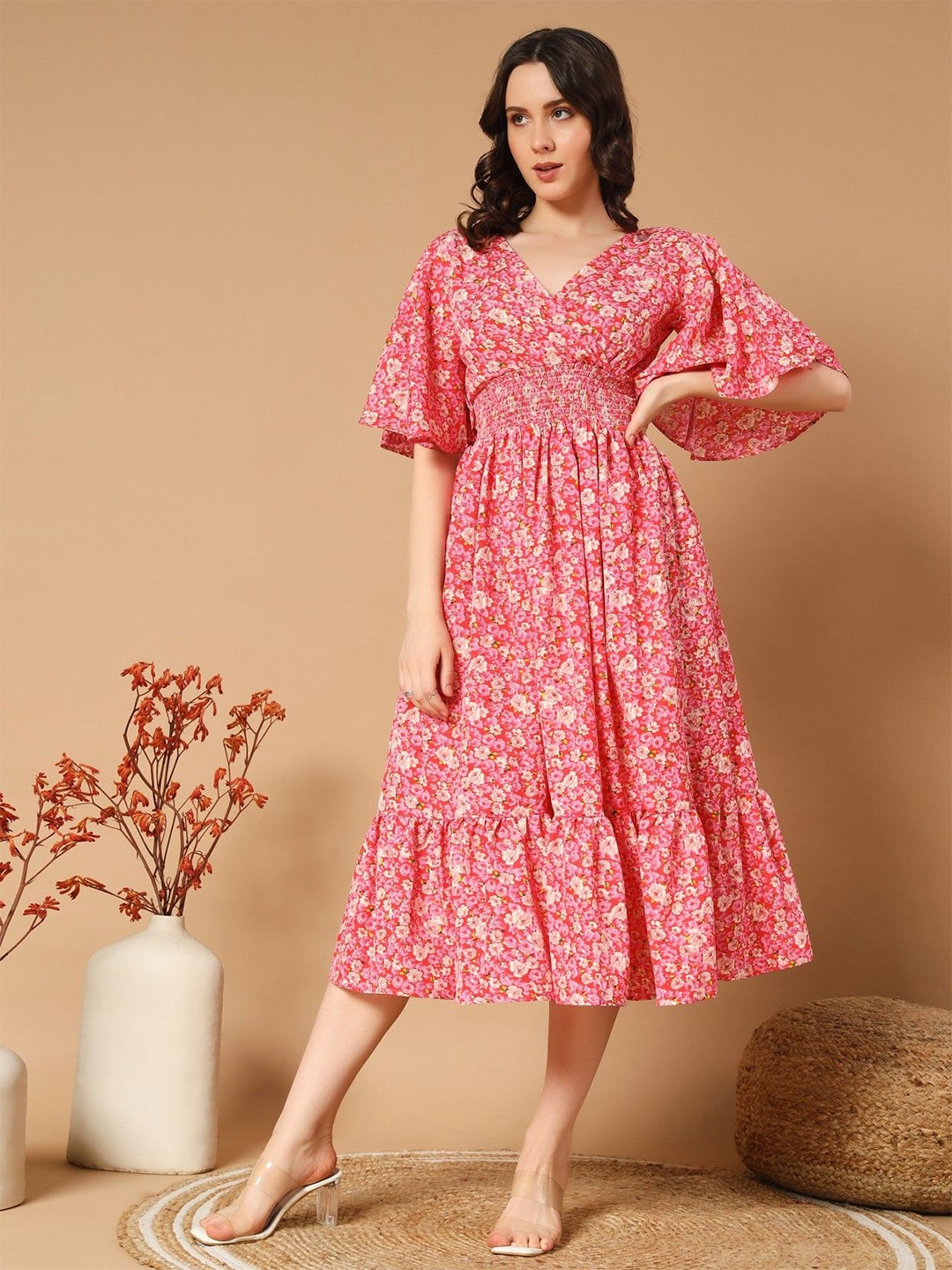 

Raiyani Enterprise Floral Printed Smocked Bell Sleeve Crepe Fit & Flare Midi Dress, Pink