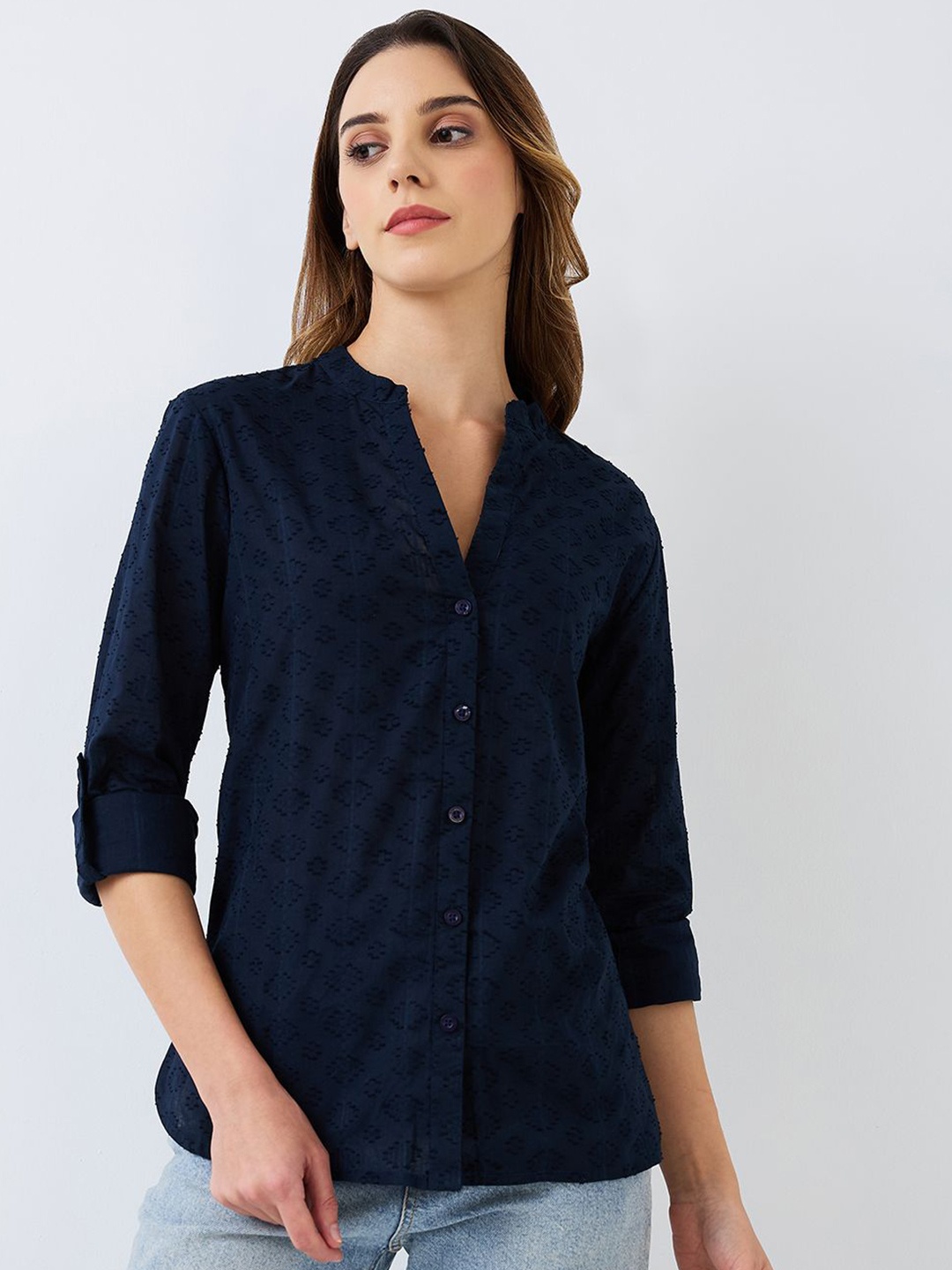 

HERE&NOW Women Embroidered Mandarin Collar Roll-Up Sleeves Cotton Shirt Style Top, Navy blue