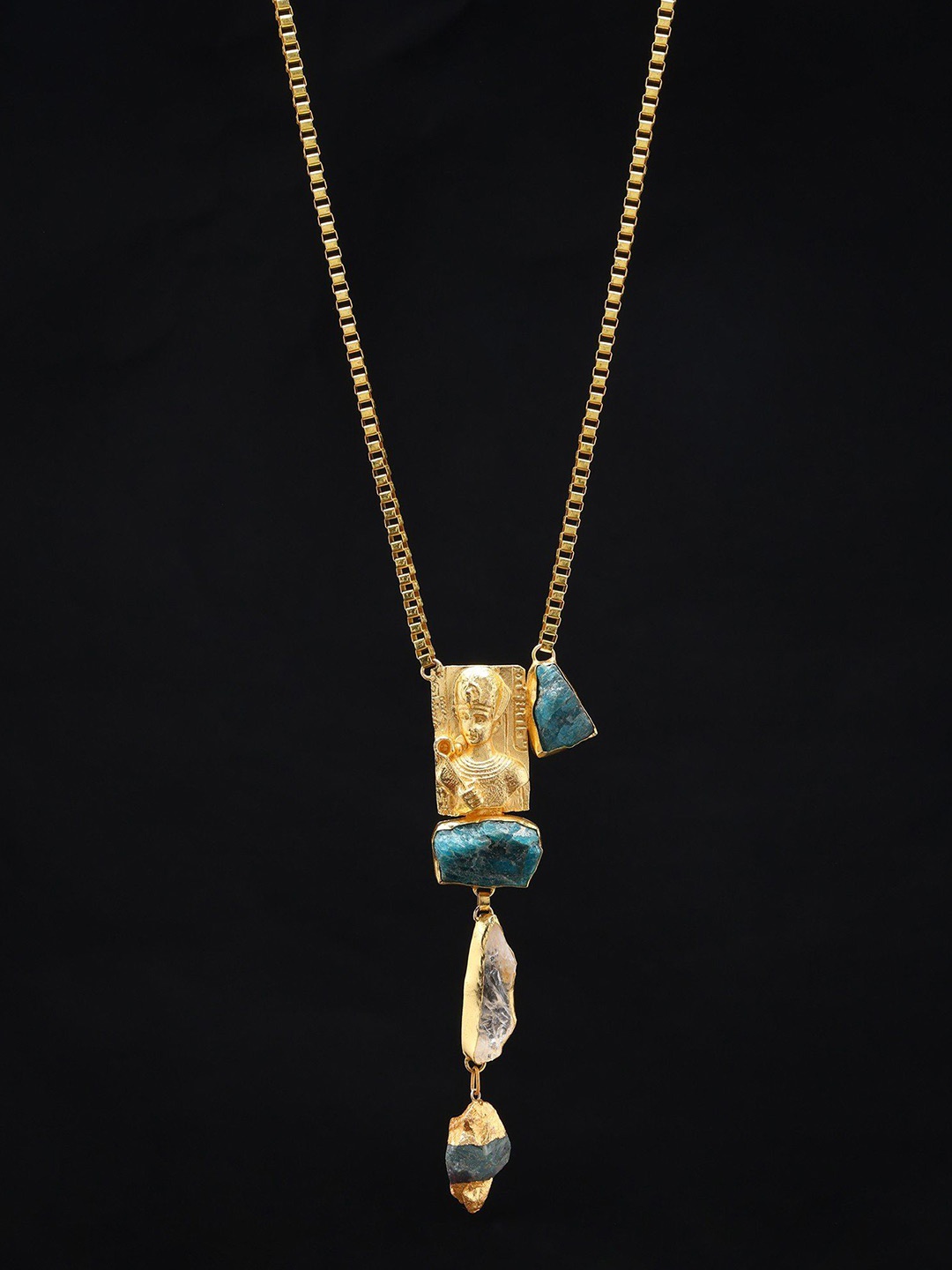 

Exotic India Bust Long Necklace Copper Pharaoh Egyptian With Raw Apatite & Crystal, Gold