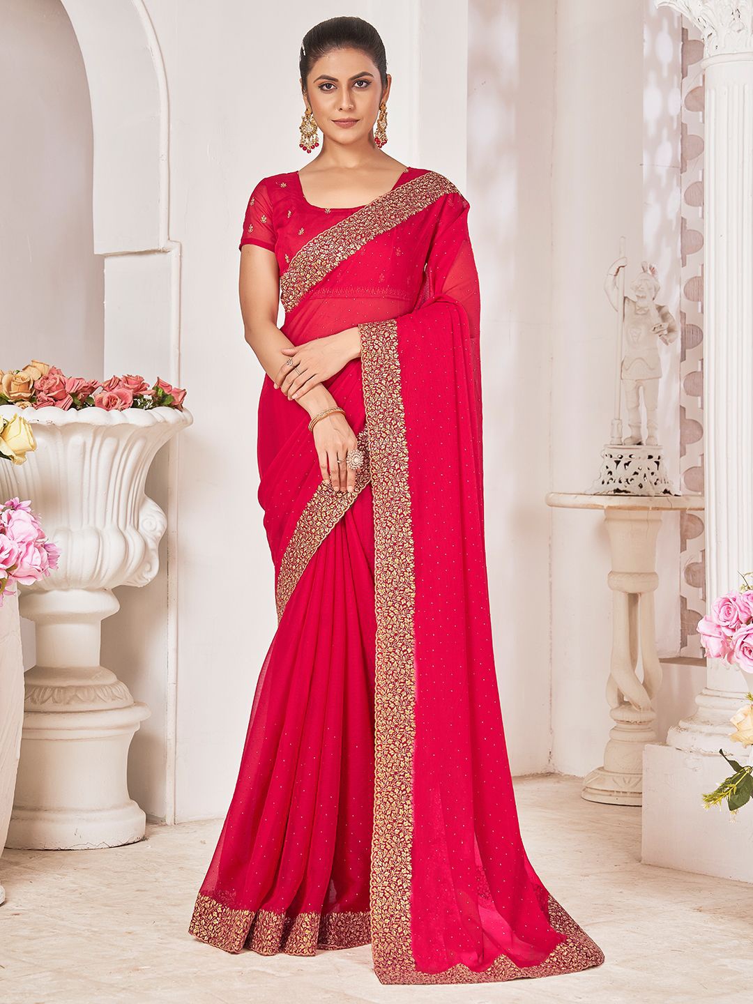 

Panzora Embellished Beads and Stones Poly Chiffon Saree With Unstitched Blouse Piece, Pink