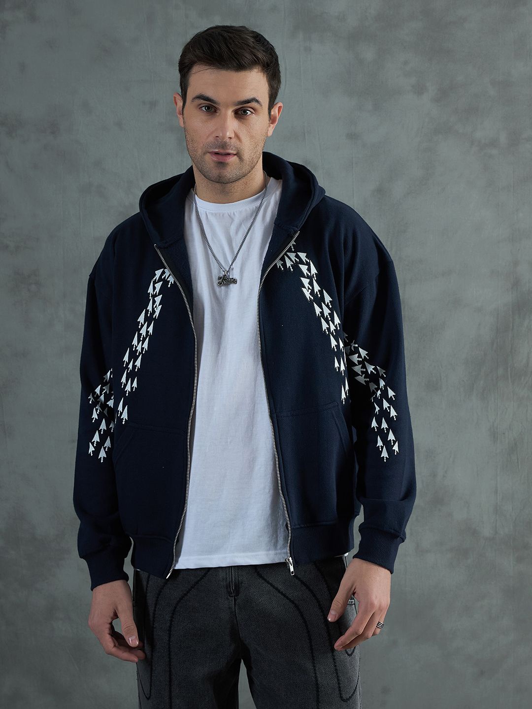 

FUGAZEE Men Printed Hooded Front-Open Oversized Cotton Sweatshirt, Navy blue