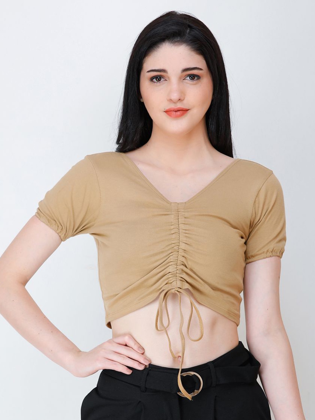 

BAESD Women V-Neck Fitted Crop Top, Beige