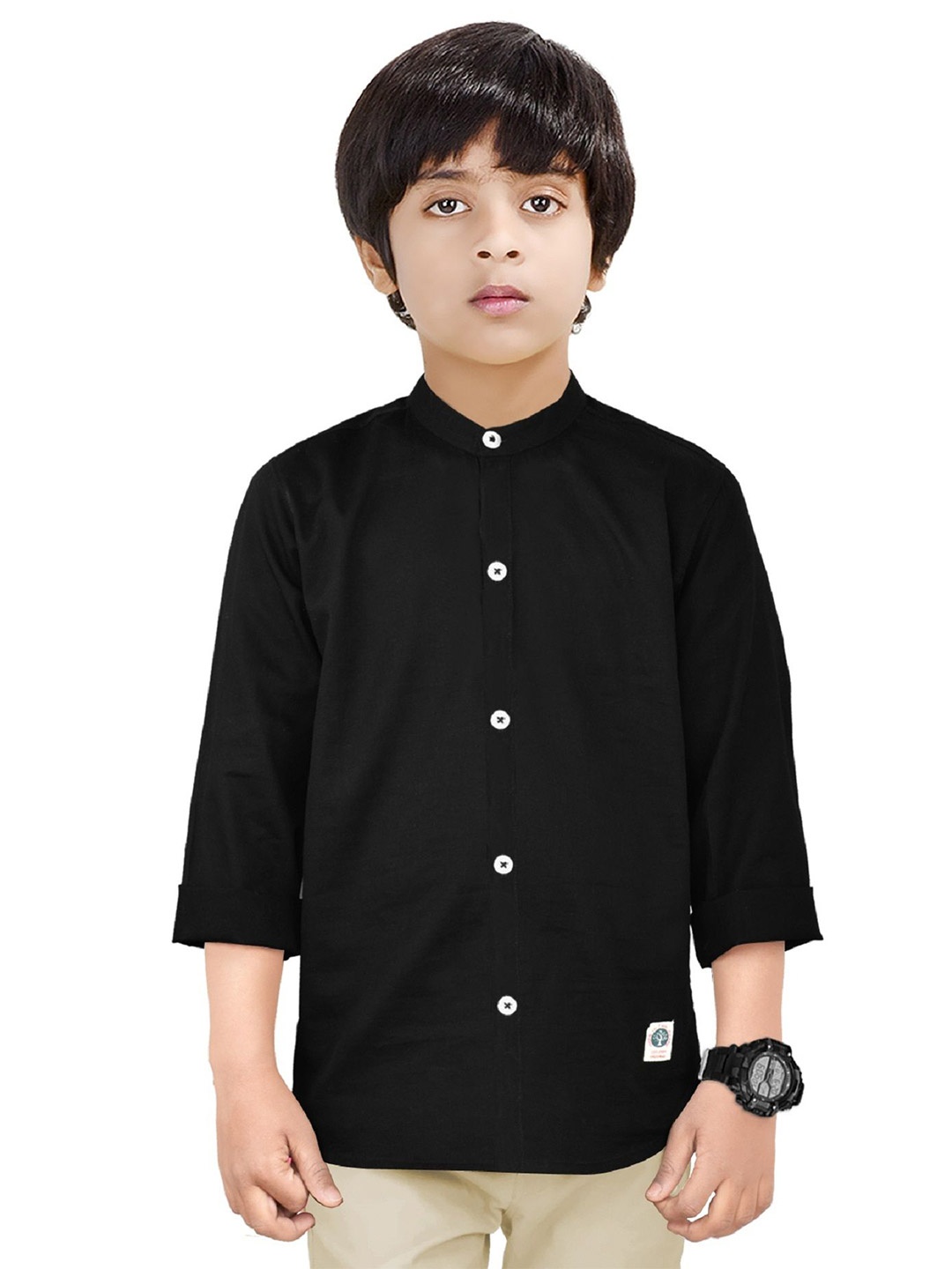 

MADE IN THE SHADE Boys Band Collar Solid Cotton Casual Shirt, Black