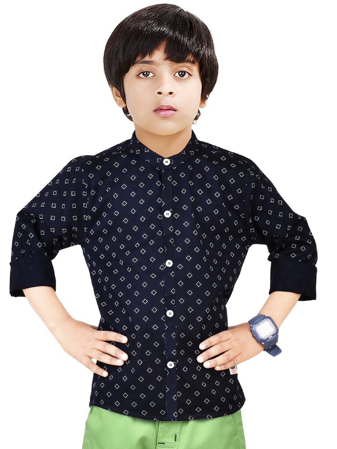 

MADE IN THE SHADE Boys Band Collar Geometric Printed Cotton Casual Shirt, Navy blue