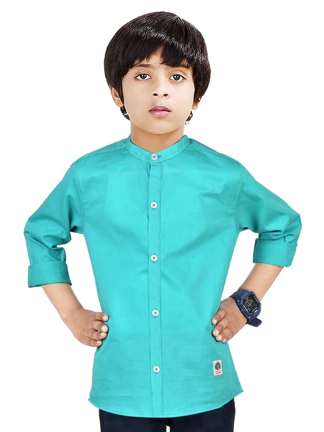 

MADE IN THE SHADE Boys Band Collar Solid Cotton Casual Shirt, Sea green
