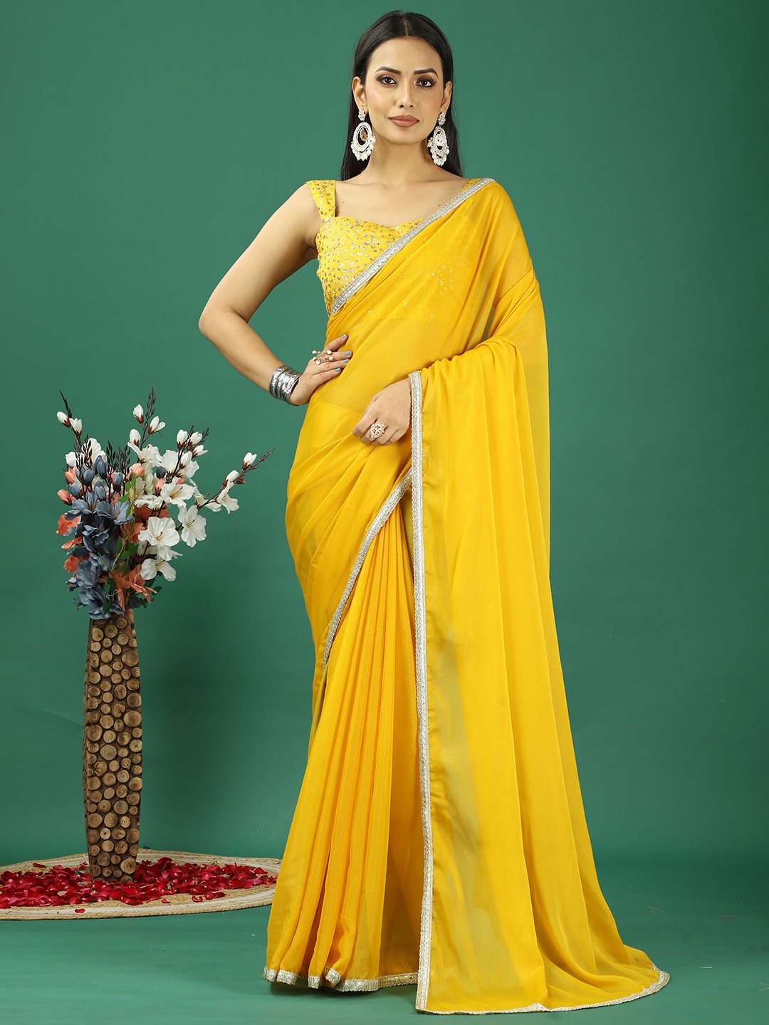 

KAYOMMI Women Satin Saree With Lace Border, Yellow