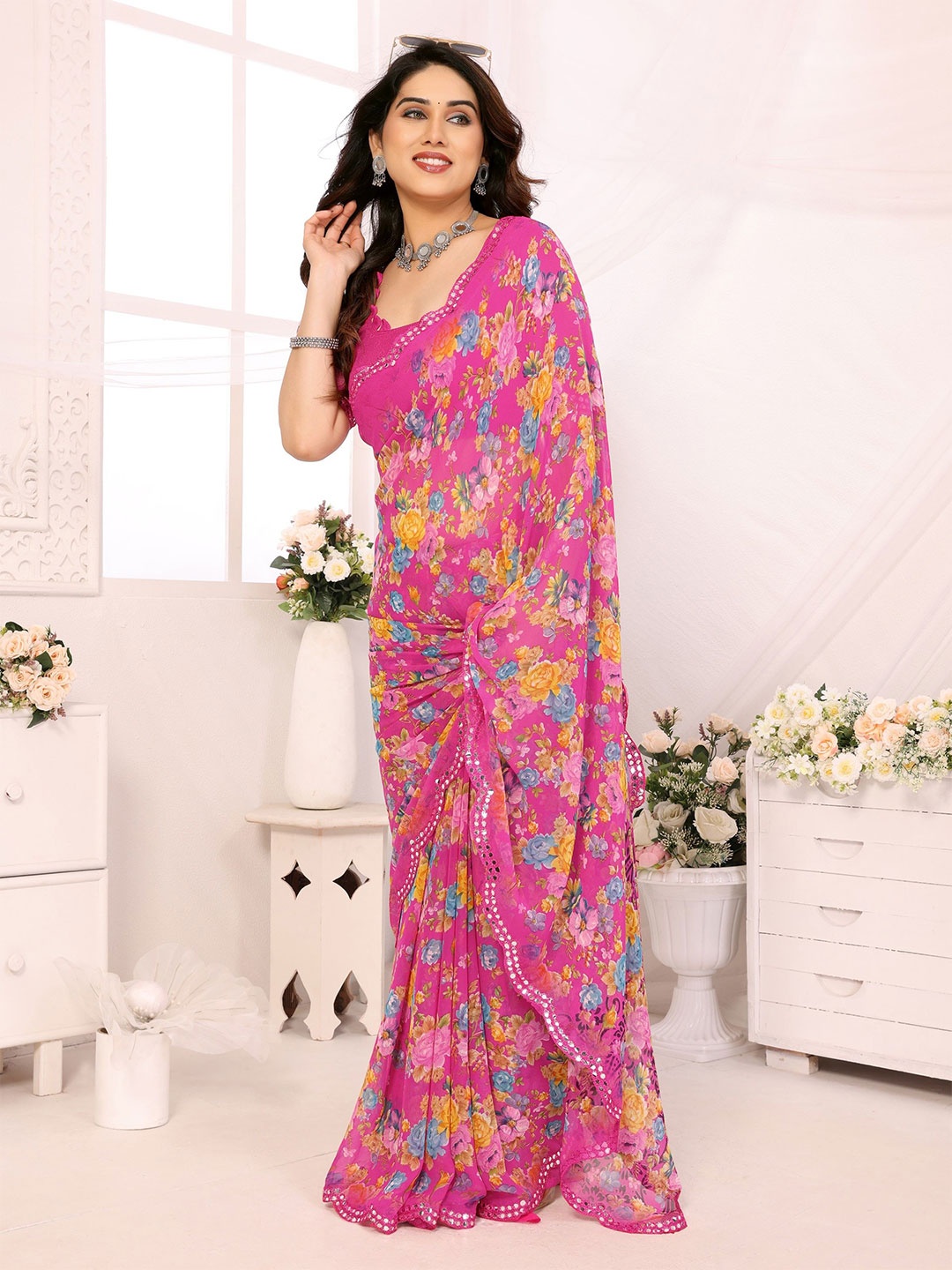 

The Textile Hub Floral Printed Mirror Work Pure Georgette Saree, Pink