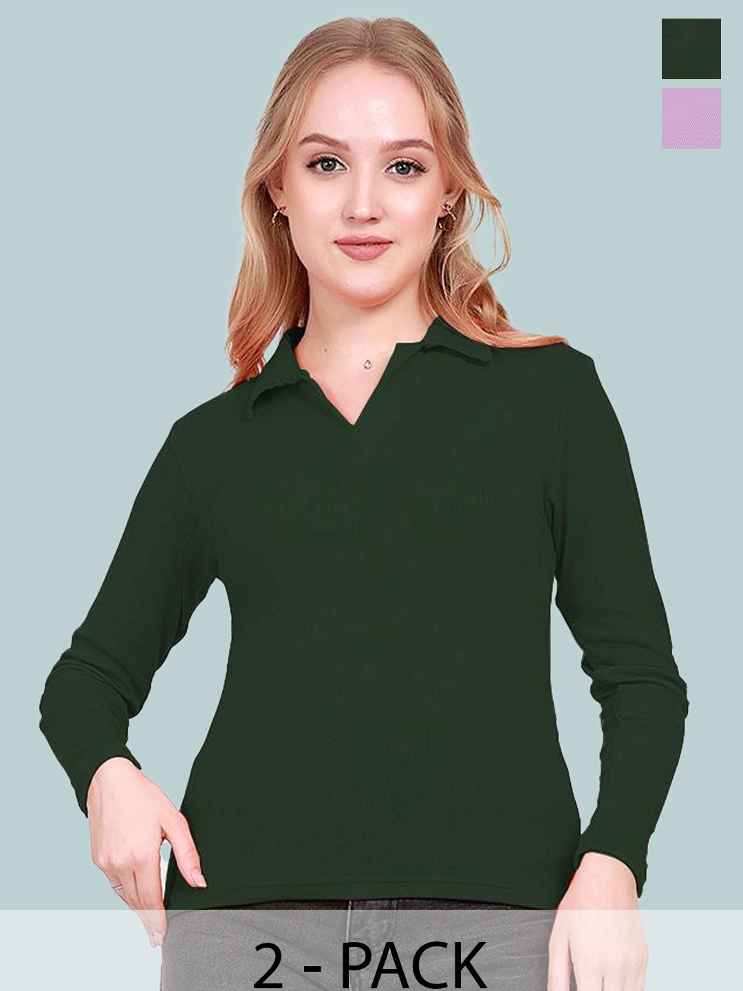 

BAESD Women Pack 2 Shirt Collar Top, Green