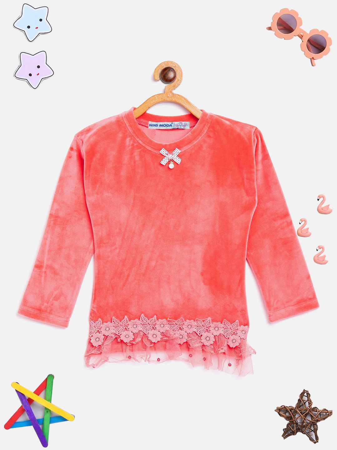 

PAMPOLINA Girls Solid Lace Round Neck Top, Coral
