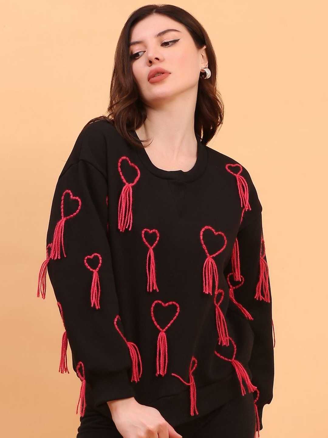 

ECO LEAS BY SHIPRA Women Embroidered Sweatshirt, Black