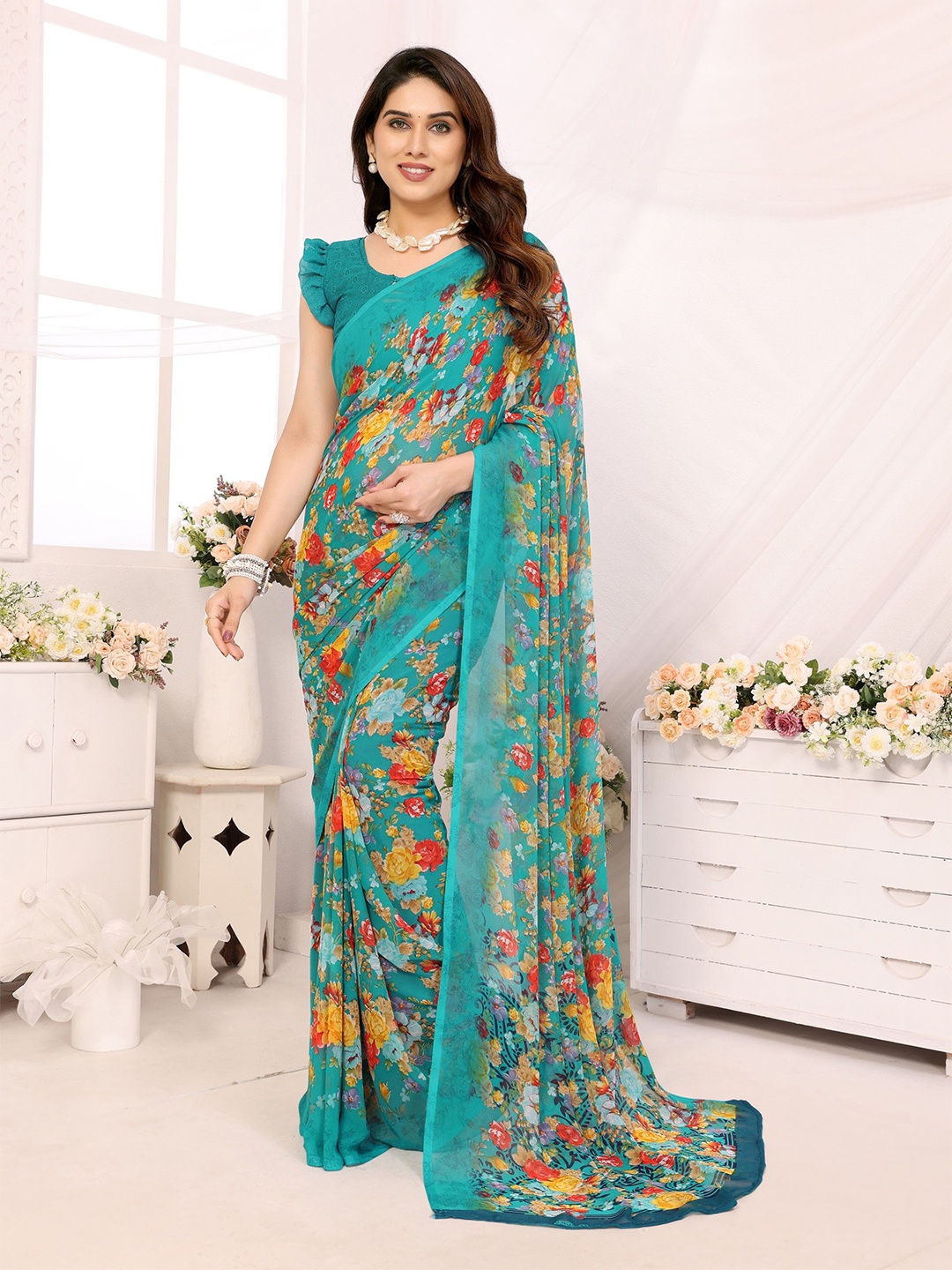 

The Textile Hub Floral Pure Georgette Designer Saree, Teal