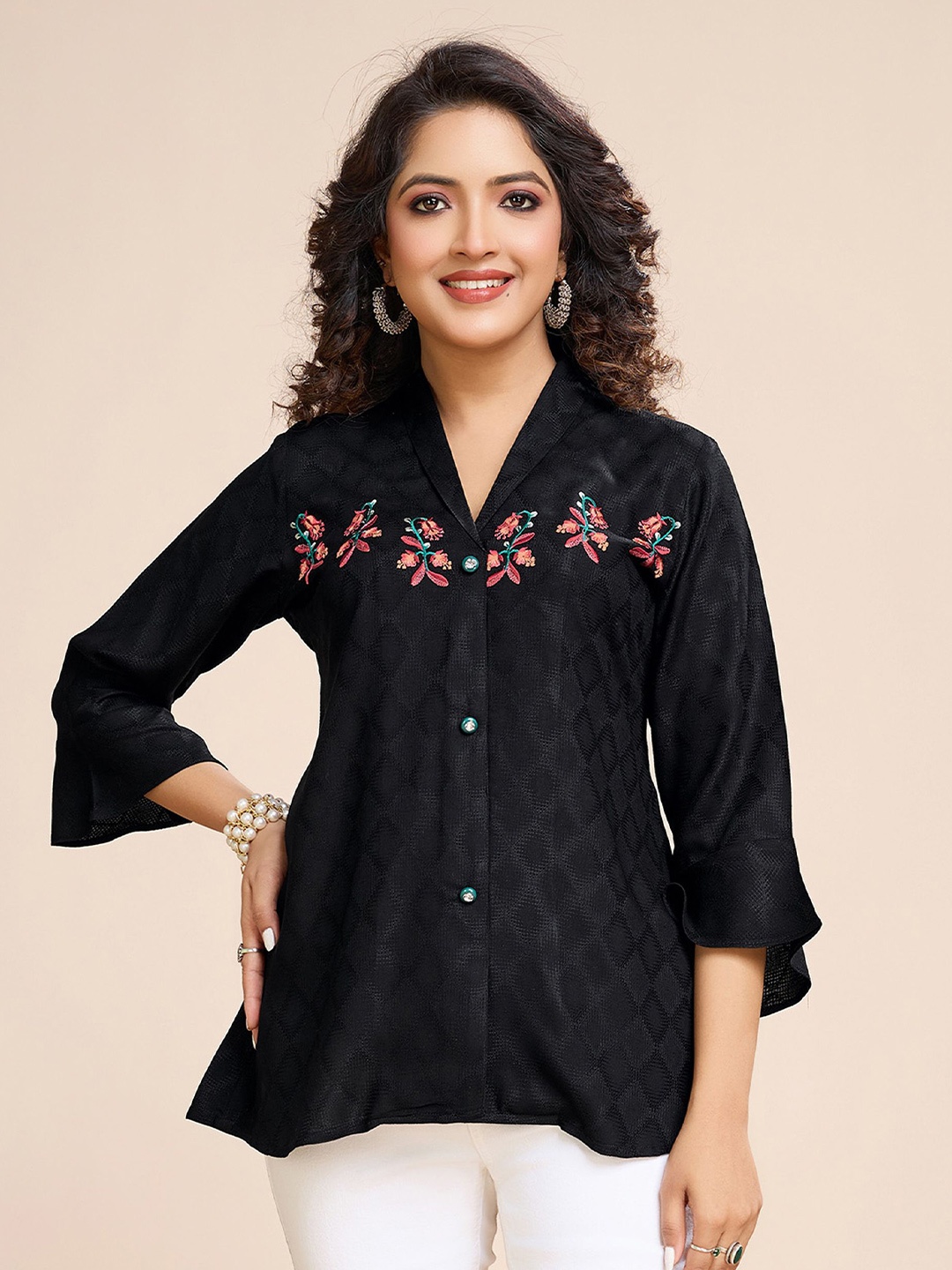 

MOJILAA Floral Embroidered Bell Sleeve Shirt Style Top, Black