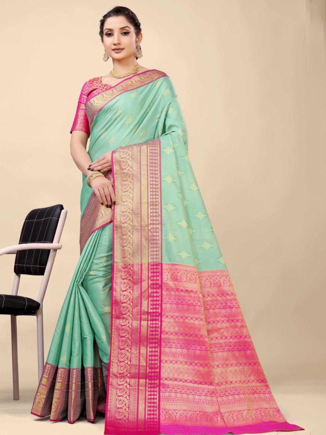 

ZIBLON Woven Design Zari Pure Silk Kanjeevaram Saree, Lime green