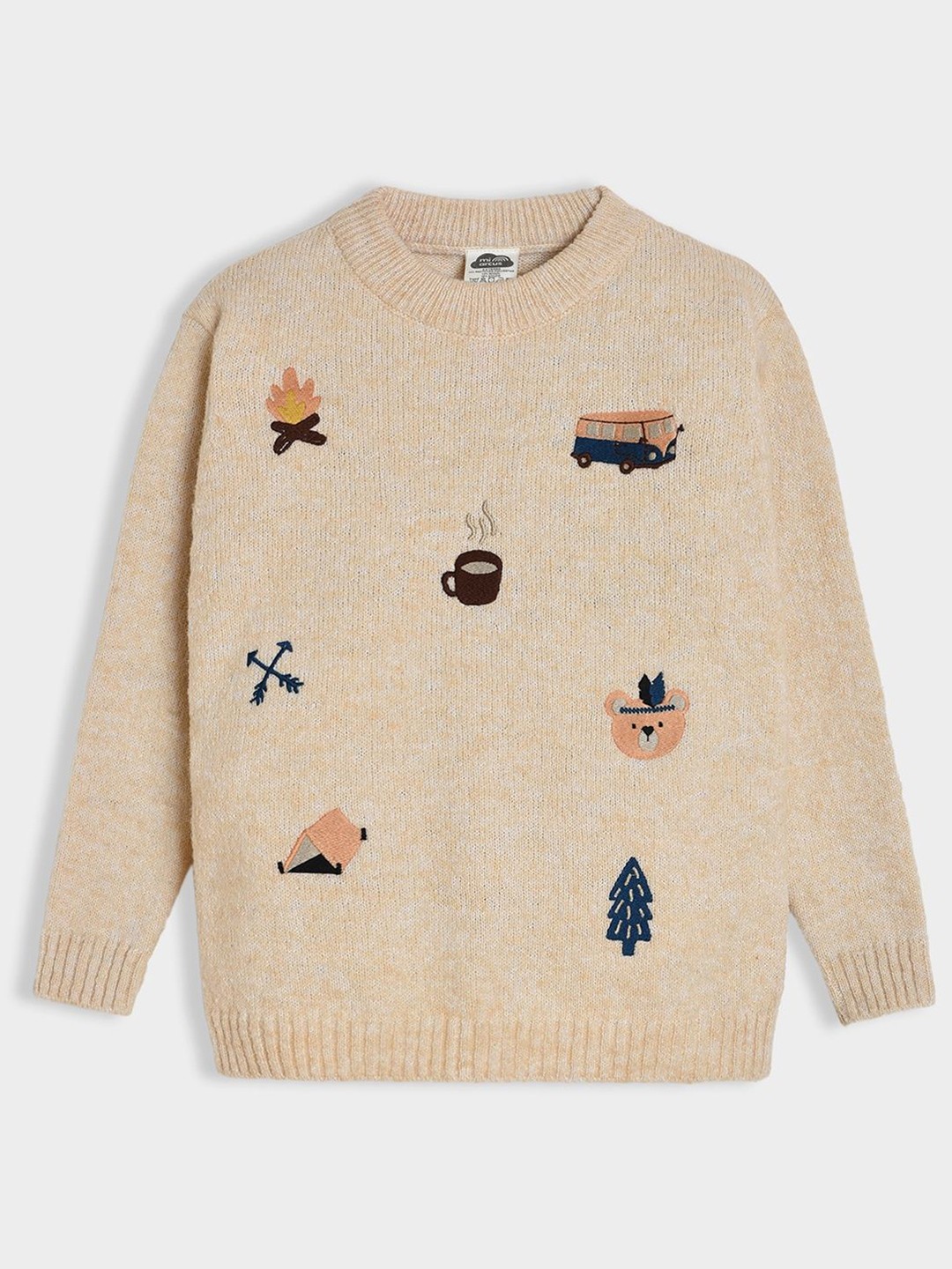 

MiArcus Full Sleeves Camp Design Sweater, Beige