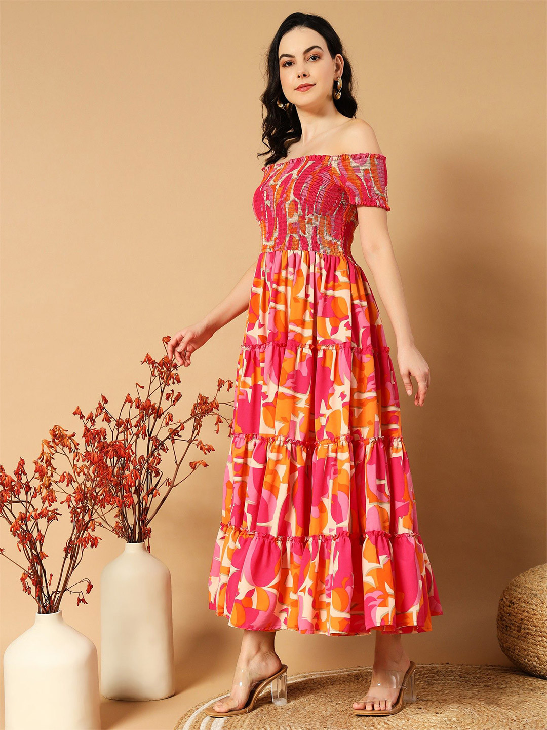 

Femvy Women Floral Printed Off-Shoulder Applique Crepe Fit & Flare Maxi Dress, Orange