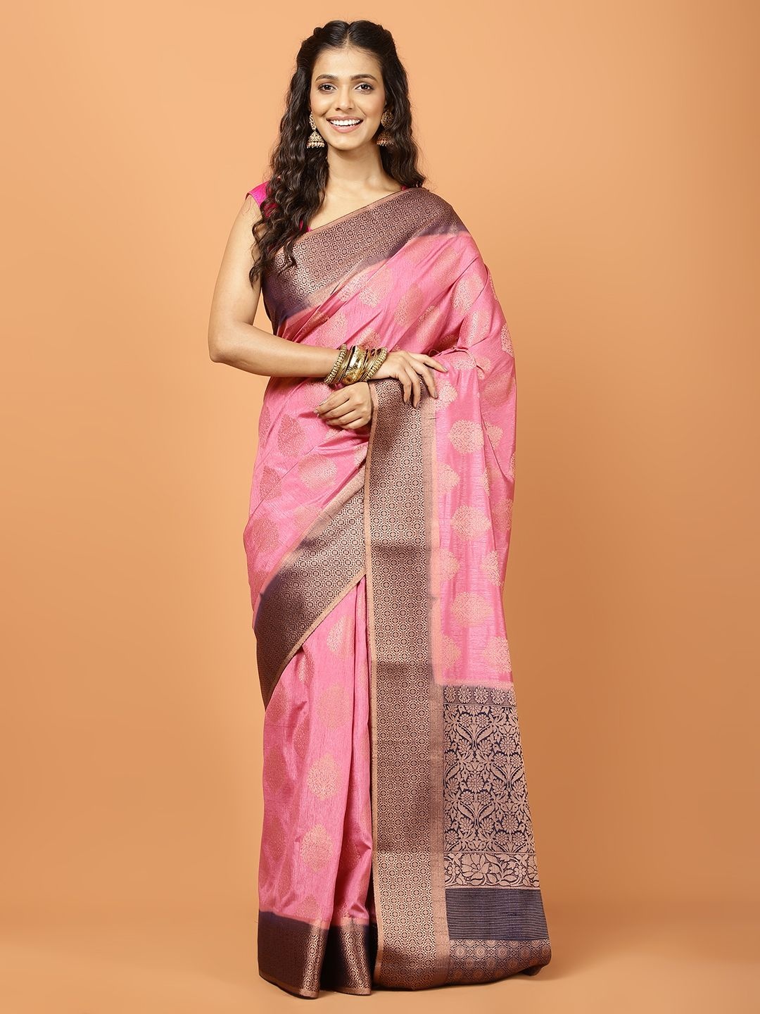 

Meena Bazaar Ethnic Motifs Motifs Woven Design Saree, Pink