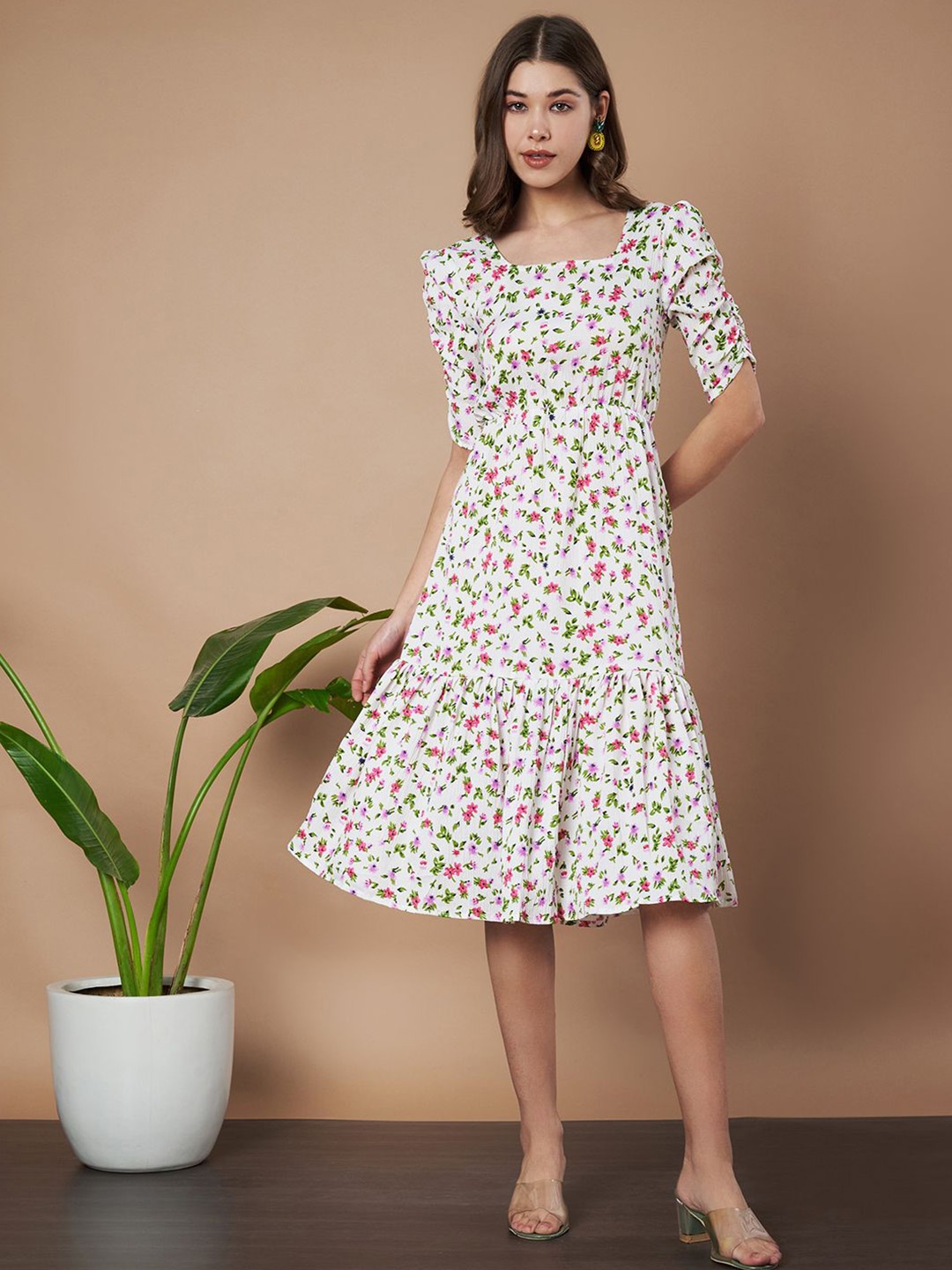 

Womenster Women Floral Print A-Line Dress, Cream