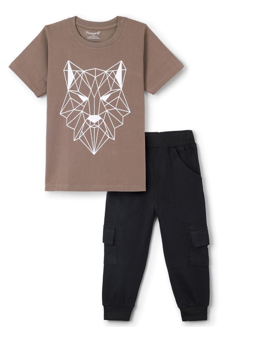 

FUNKRAFTS Boys Printed Short Sleeves Pure Cotton T-shirt With Joggers, Brown