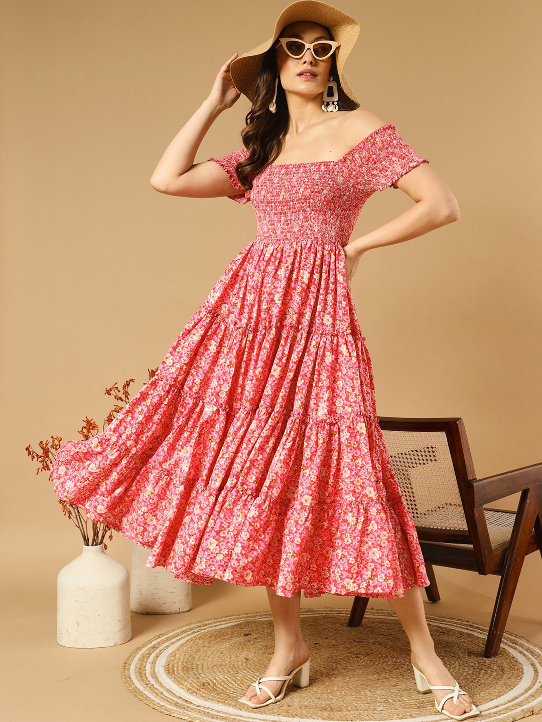 

Raiyani Enterprise Women Print Off-Shoulder Fit & Flare Dress, Red