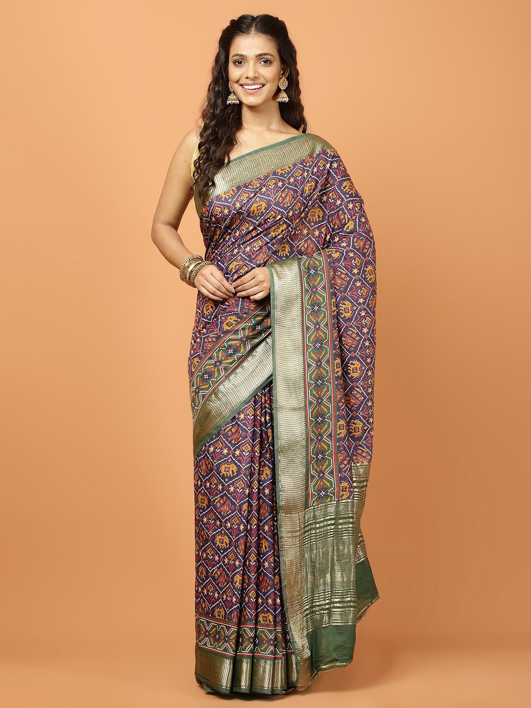 

Meena Bazaar Ethnic Motifs Printed Zari Saree, Navy blue