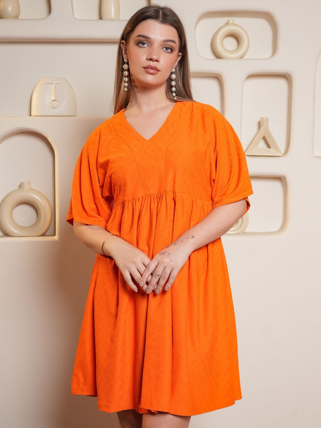 

PURVAJA Women Flared Sleeves A-Line Dress, Orange