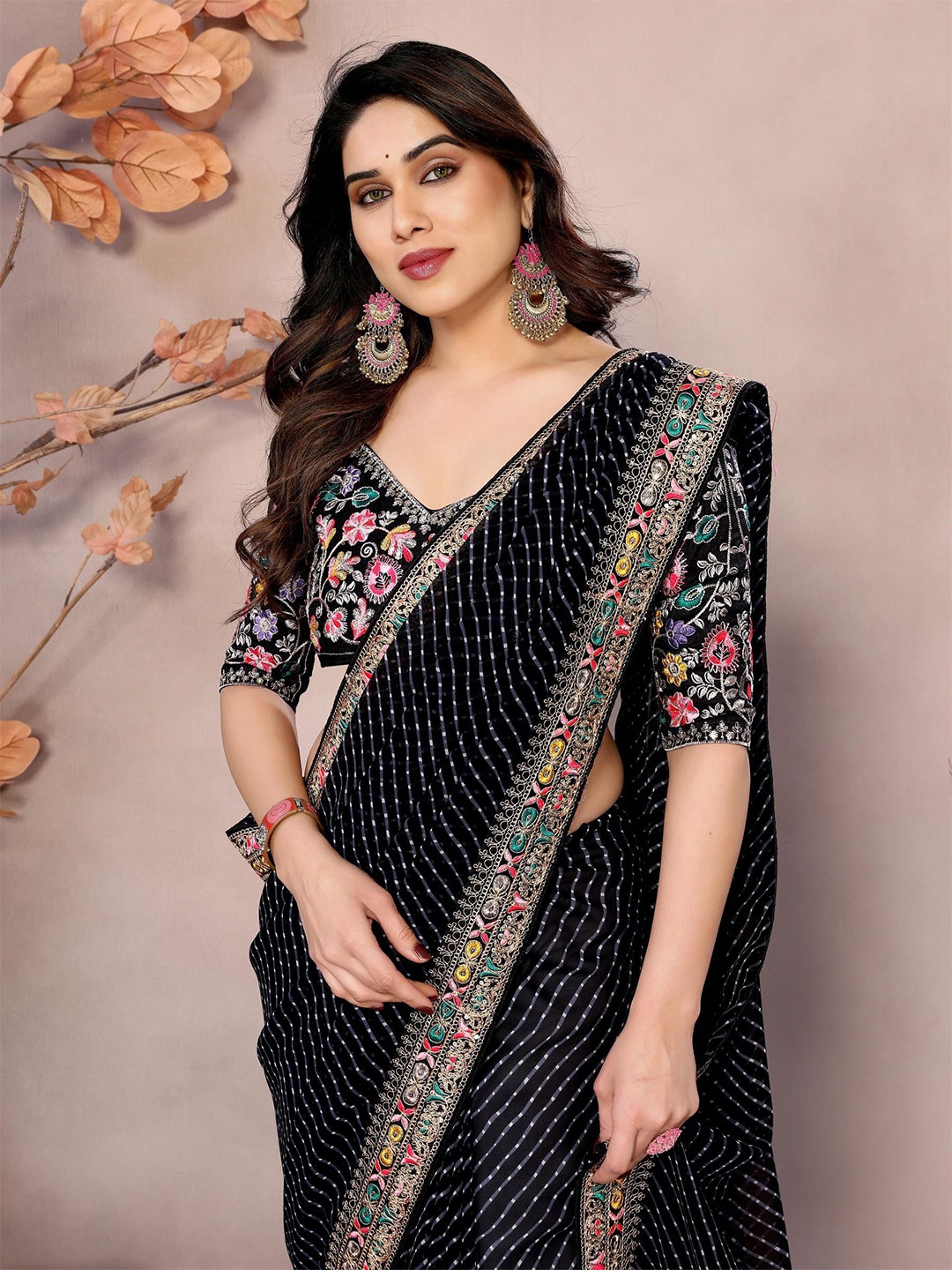 

HERE&NOW Striped Embroidered Saree, Black