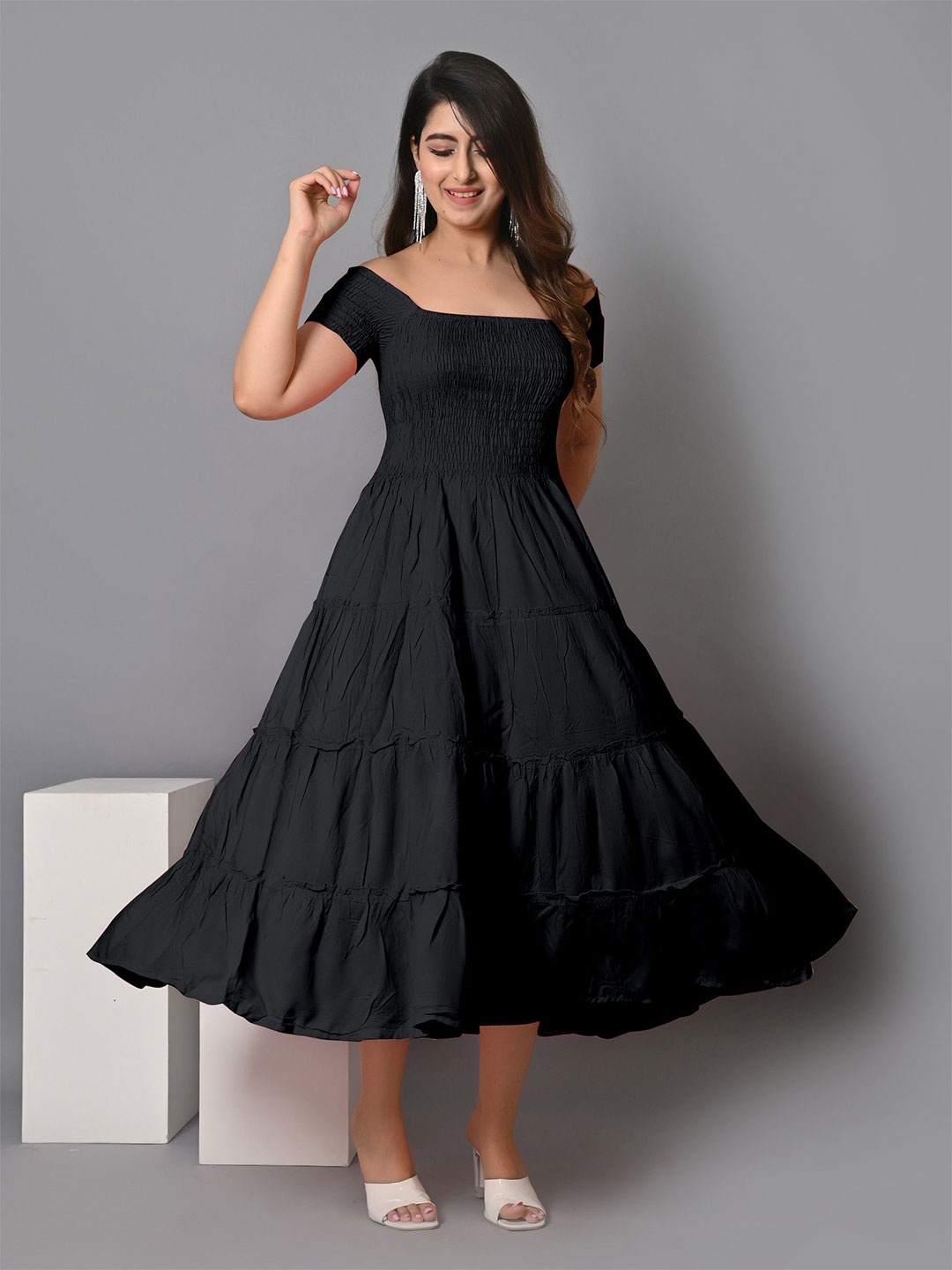

Raiyani Enterprise Off-Shoulder Smocked Fit & Flare Dress, Black
