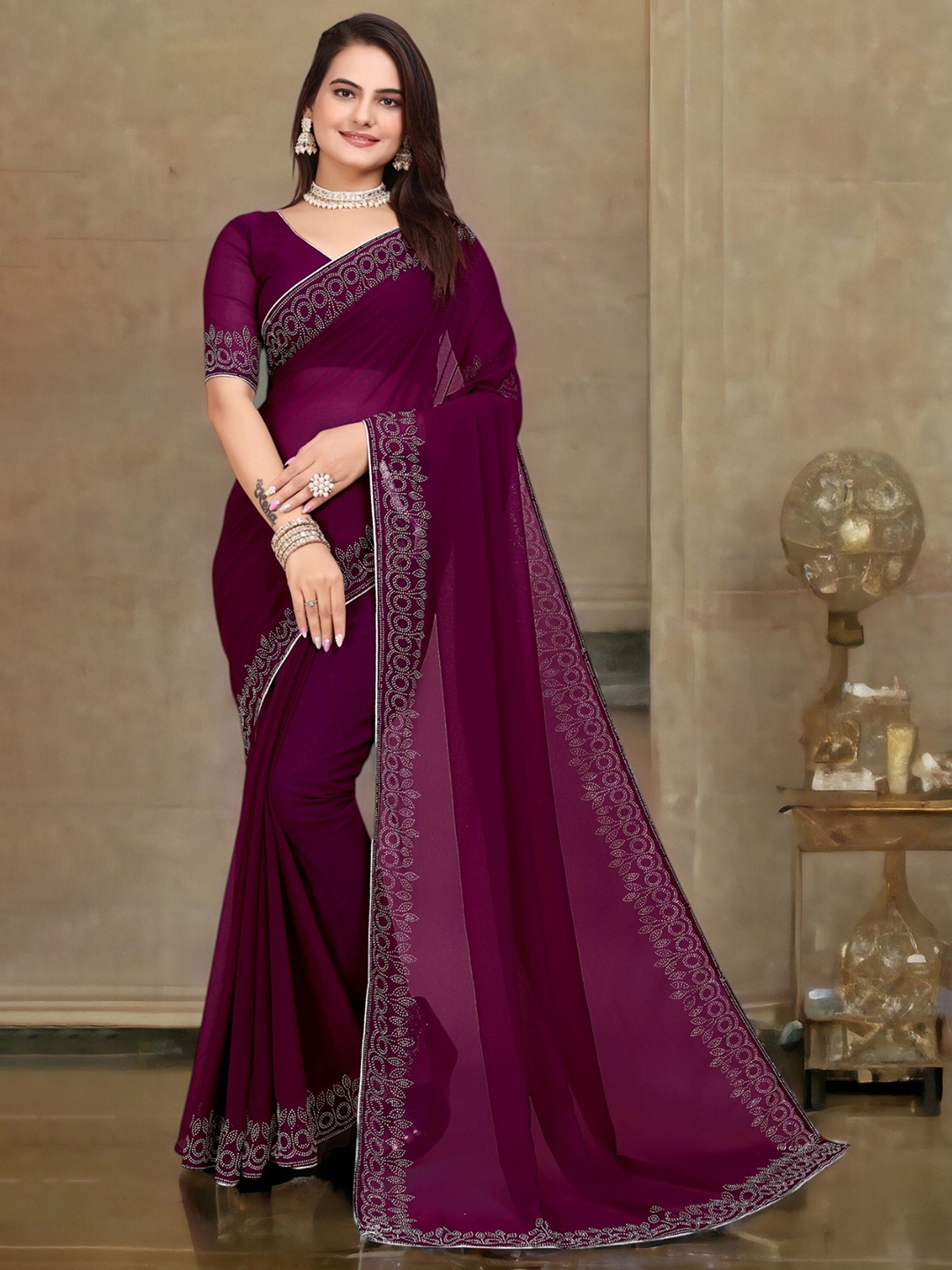 

Ambuja International Beads and Stones Pure Georgette Saree, Purple