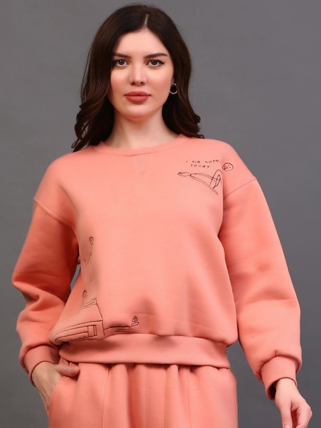 

ECO LEAS BY SHIPRA Women Round Neck Sweatshirt, Peach