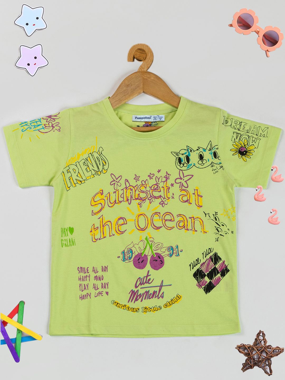 

PAMPOLINA Girls Cotton Typography Printed Top, Green