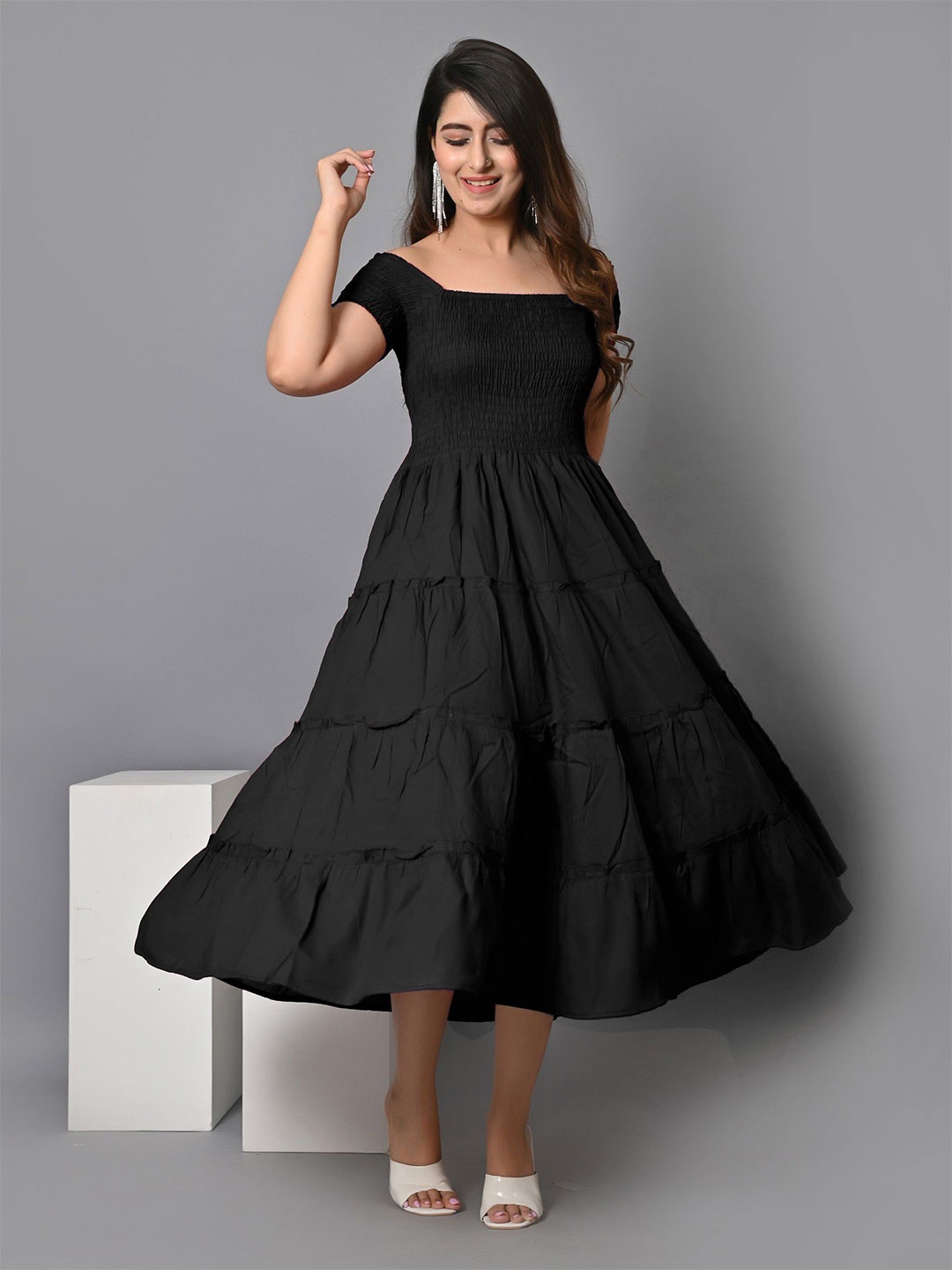 

Raiyani Enterprise Women Off-Shoulder Crepe Fit & Flare Maxi Dress, Black