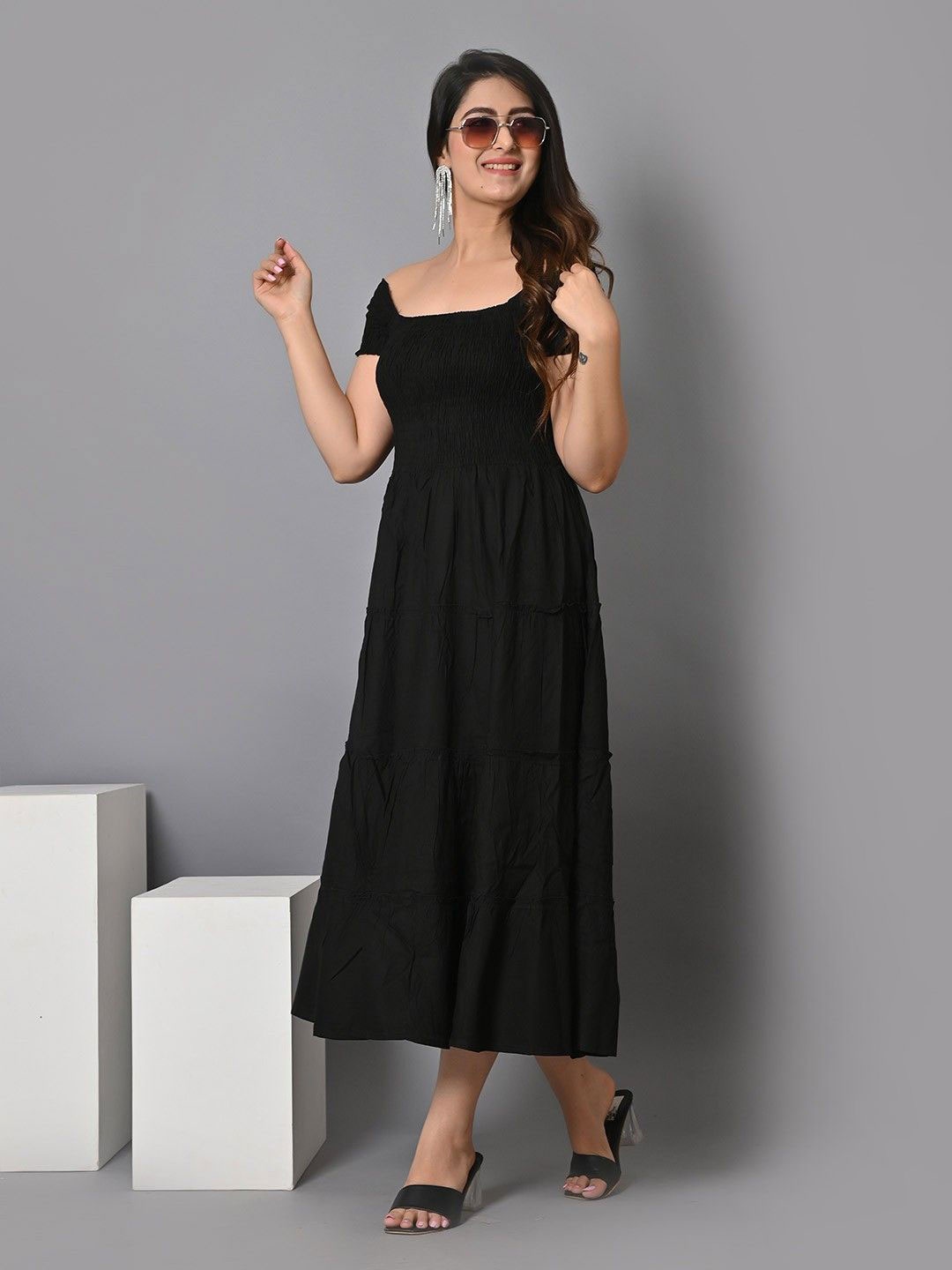 

Raiyani Enterprise Women Off-Shoulder Fit & Flare Maxi Dress, Black