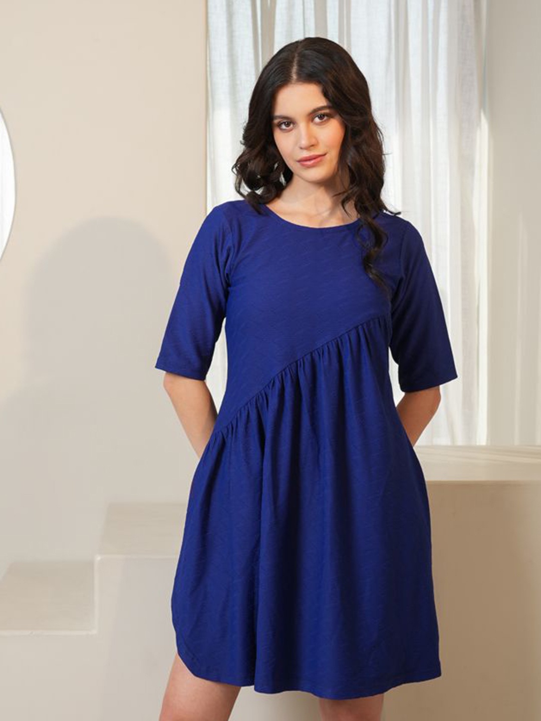 

PURVAJA Women Boat Neck Fit & Flare Mini Dress, Navy blue