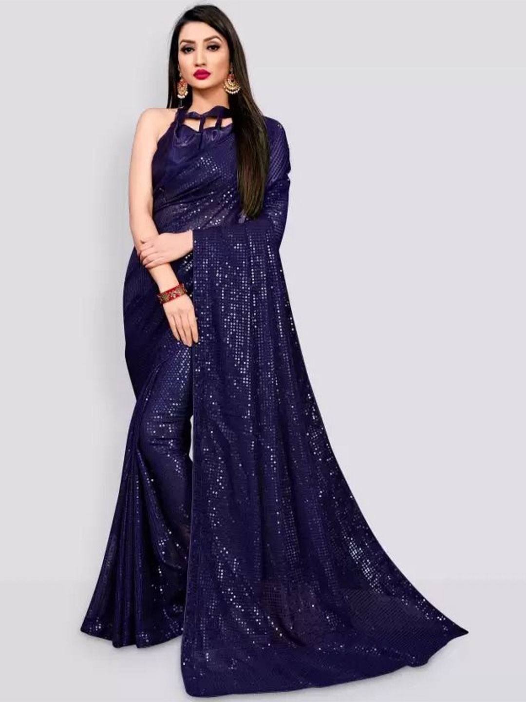 

KALINI Embellished Sequinned Saree, Navy blue