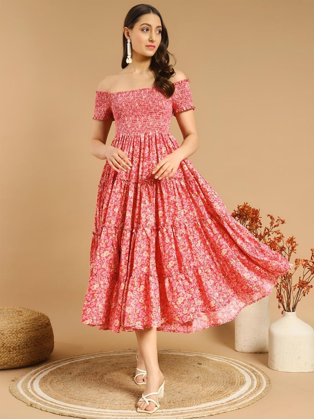 

Krunal Raiyani Floral Printed Off-Shoulder Tiered Fit & Flare Midi Dress, Red